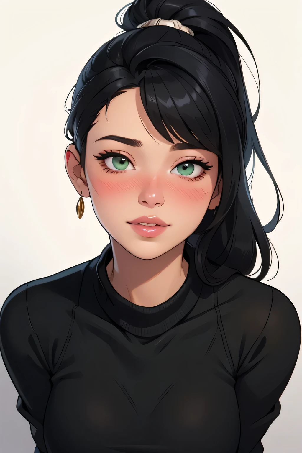 (best quality, highres:1.2), ultra-detailed, realistic:1.37, portraits, seductive gaze,detailed beautiful eyes,detailed long eyelashes,detailed lips,parted lips,intense blush,soft smile,soft smile and gaze,sexy woman, ponytail hairstyle, black hair,luscious black hair,cute ponytail,green sweater,cream cargo pants, medium chest, perfect body