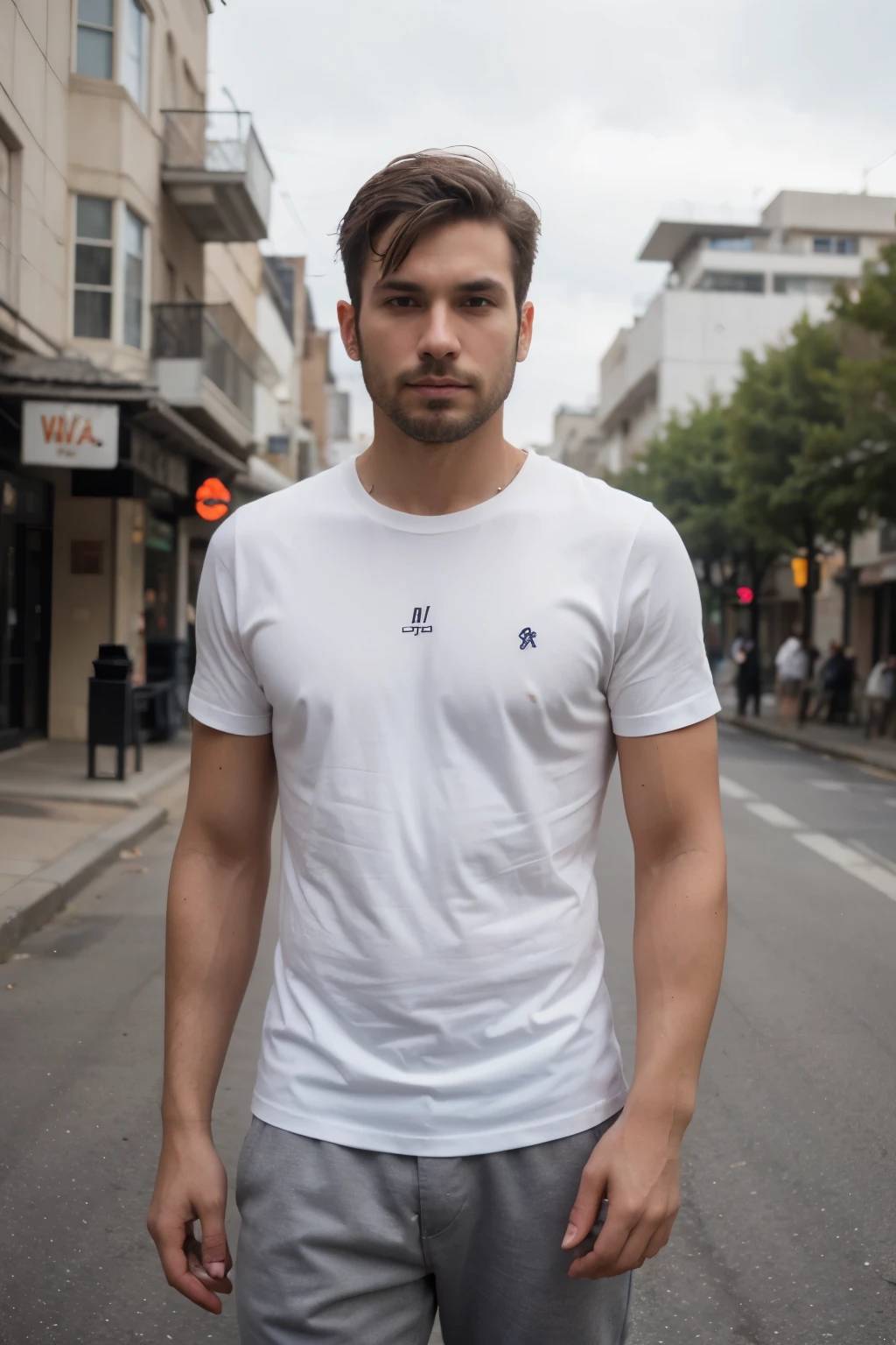 image of a thin man with a white t-shirt, short hair, brown skin, a sparse beard, on a street. best quality 180k