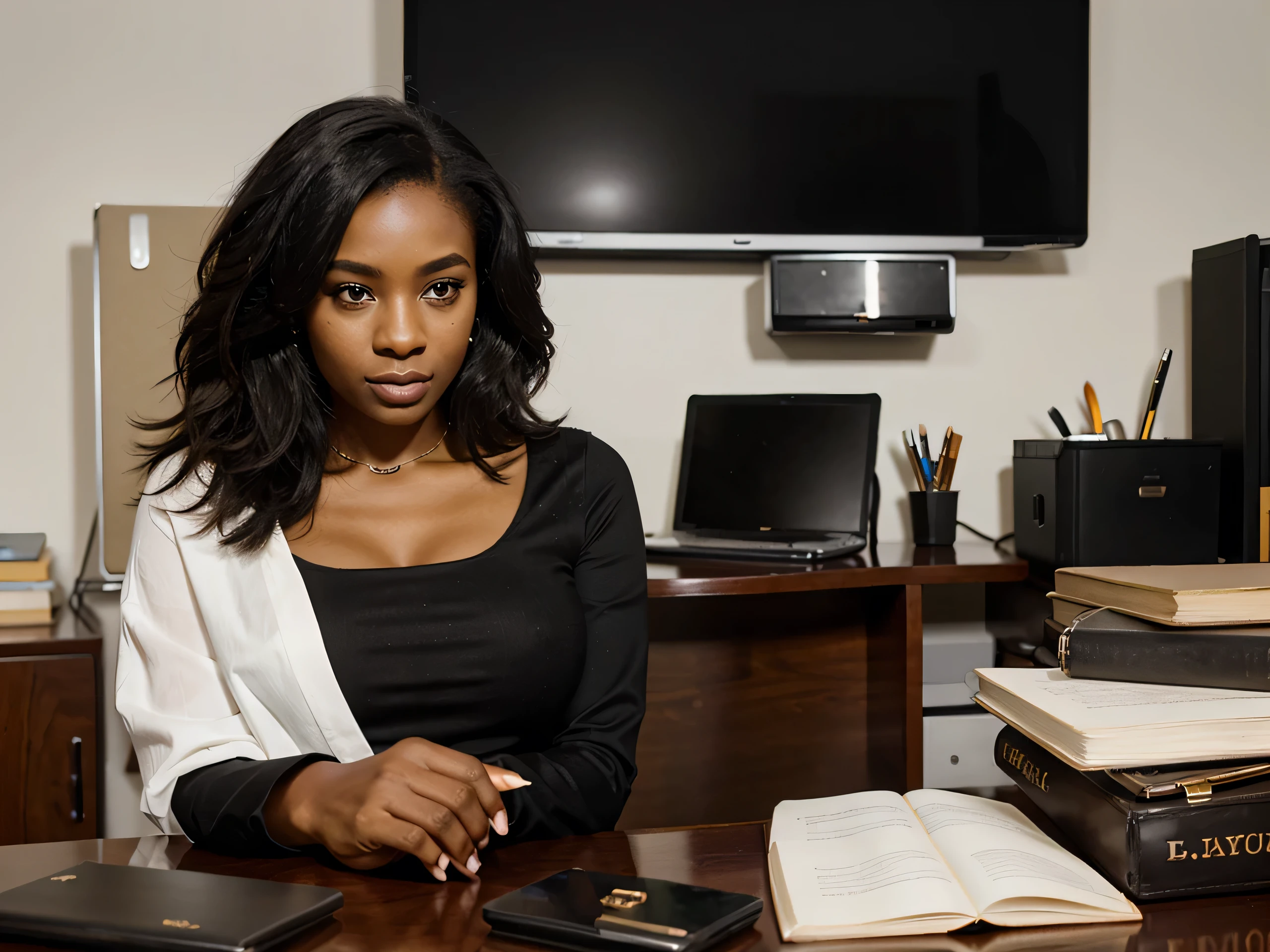 black woman in elegant clothes in an office working on a notebook her hands should appear in the image