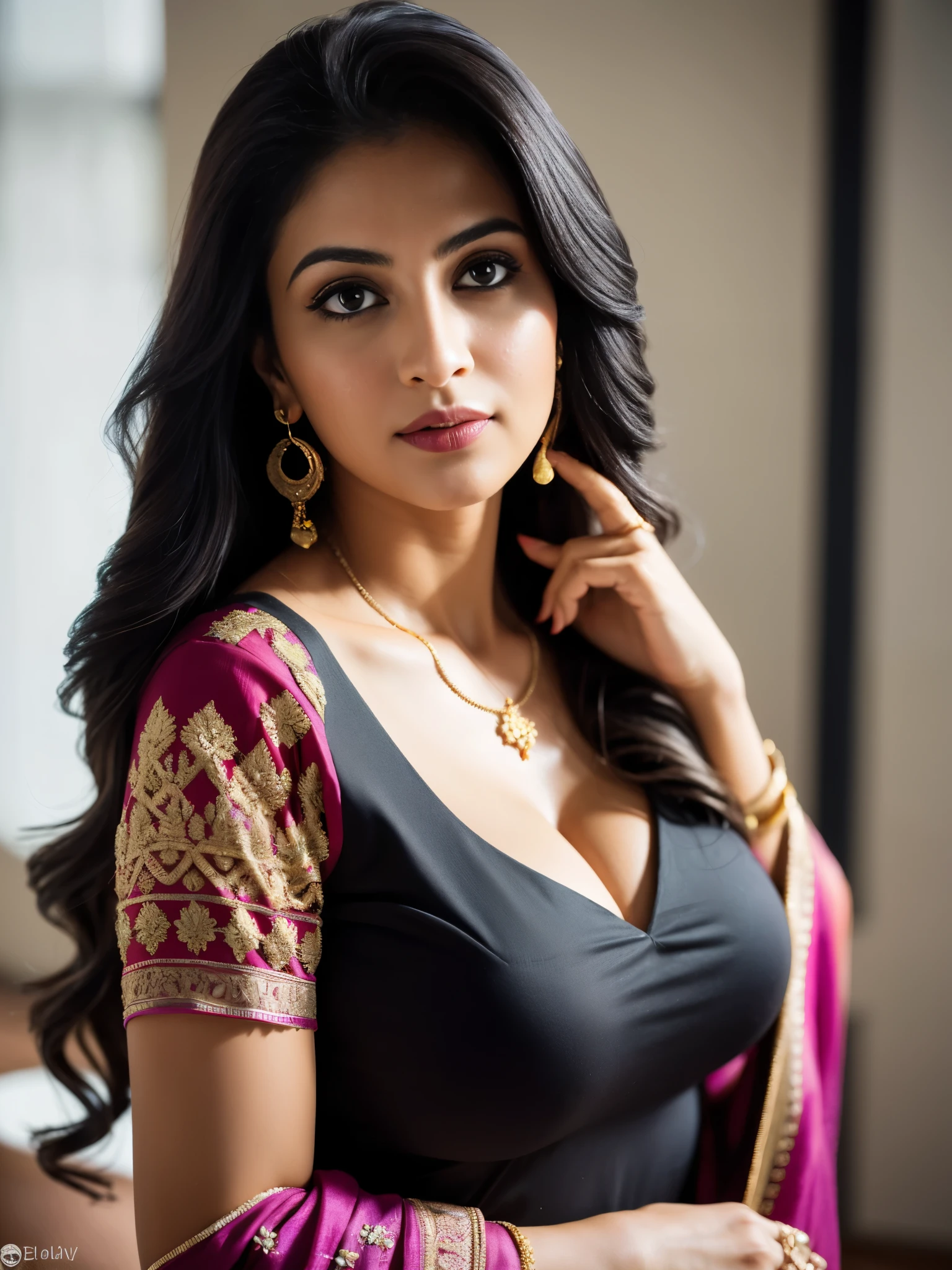 Portrait of A confident-looking indian girl with long flowing hair, hazel eyes, c-cup breasts, perfect composition, hyperrealistic, super detailed, 8k, high quality, trending art, trending on artstation, sharp focus, , intricate details, highly detailed, art by greg rutkowski ,NEON LIGHT, black color hair,wearing Purple Embroidered Kurti ,light color background, safe for work
