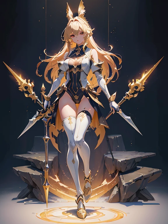 Design a layout showcase Gaming character, (1girl). Golden+Purle clothes, stylish and unique, ((showcase weapon:1.4)), magic staff, (masterpiece:1.2), (best quality), 4k, ultra-detailed, (Step by step design, layout art:1.5), (luminous lighting, atmospheric lighting), Final Fantasy style, magican, ((glove full hands)), fran, viera, (((revealing clothes:1.3))), vambraces, armored legwear, (((full_body_shot:1.4))), Niji