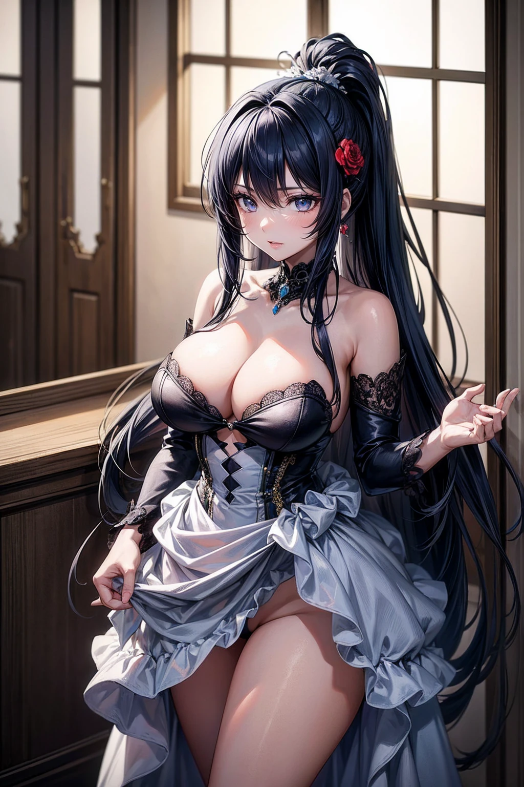 (masterpiece), best quality, highly detailed faces, (SHARP details), 4k, highly detailed, expressive eyes, SHARP detail expressive eyes, (SHARP detail perfect face), long hair, 20 year old woman, standing, modest courtesan dress, dark-blue hair, indoors, clothed, big breasts, mature, voluptuous, taimanin asagi, modern brothel, prostitute, single flower hair ornament, SFW, ponytail,