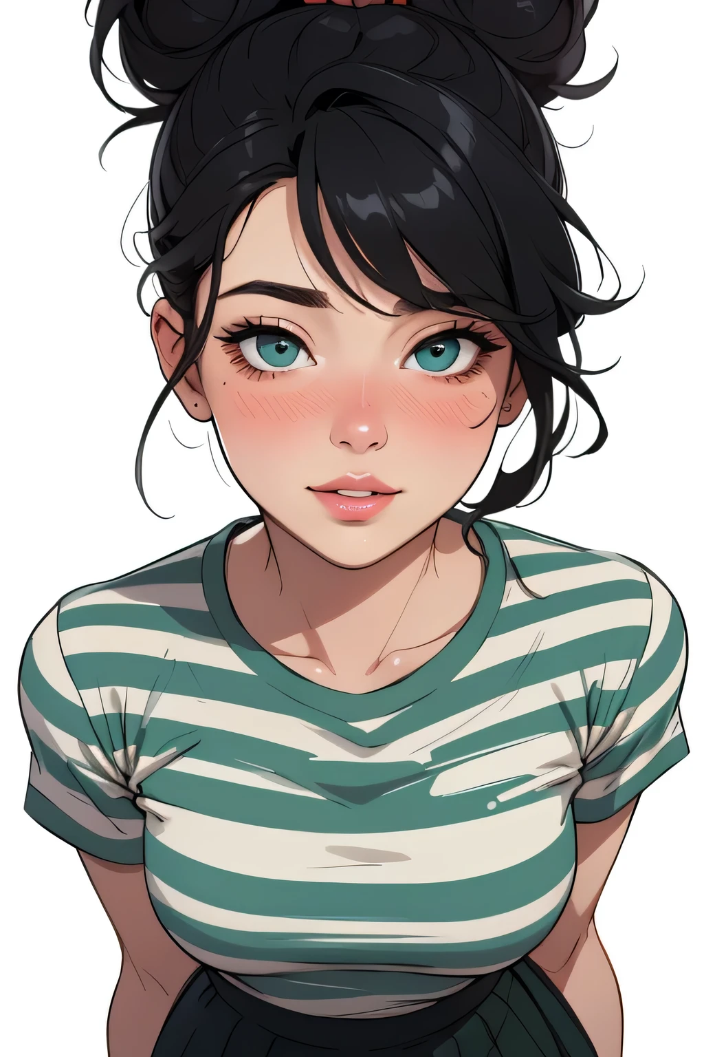 (best quality, highres:1.2), ultra-detailed, realistic:1.37, portraits, seductive gaze,detailed beautiful eyes,detailed long eyelashes,detailed lips,parted lips,intense blush,soft smile,soft smile and gaze,sexy woman, messy bun hairstyle, black hair,luscious black hair,cute bun, black and white striped t shirt, dark green skirt,medium chest, perfect body