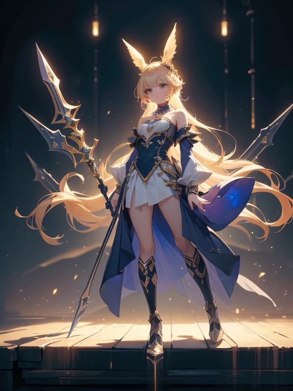 Design a layout showcase Gaming character, (1girl). Golden+Purle clothes, stylish and unique, ((showcase weapon:1.4)), magic staff, (masterpiece:1.2), (best quality), 4k, ultra-detailed, (Step by step design, layout art:1.5), (luminous lighting, atmospheric lighting), Final Fantasy style, magican, ((glove full hands)), fran, viera, (((revealing clothes:1.3))), vambraces, armored legwear, (((full_body_shot:1.4))), Niji