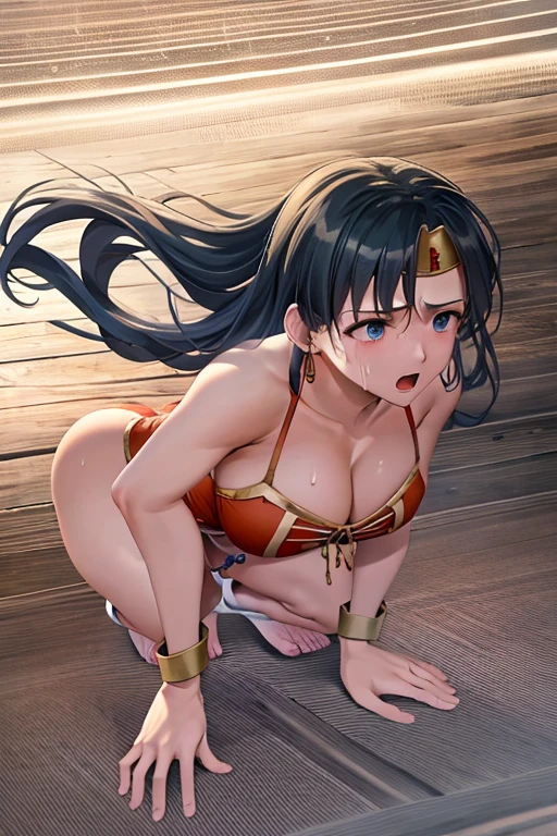 masterpiece, best quality, beautiful art, high resolution, well formed hands, body and fingers, 1 woman, solo, wonder woman,  tiara , long blue hair, blue eyes, arabian belly dancer, adult, big breasted, cleavage, hair ribbon, full body,  and skimpy outfit , gorgeous legs and thighs , ryona,in peril, she is being beaten up by her opponent, receiving the impact of her opponent's attacks, reacting to the hits, closed eyes, she is being slapped in the face, knocked down, slammed against the floor, screaming in pain and agony, showing weakness and vulnerability, heroine in peril, ryona and perilous scene, sweating, bouncing , martial arts tournament with beach environment 