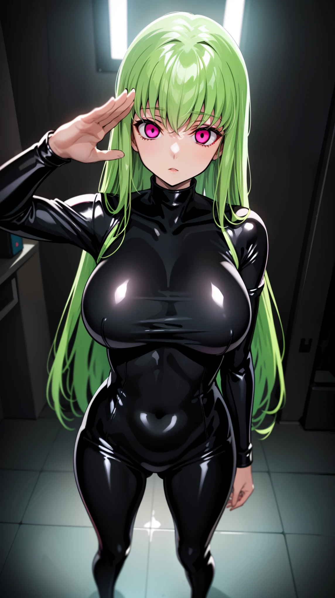 1 female,NsfW, ((Stand up and salute)),(((Black latex tight bodysuit))),C.C. ,s2outfiit, detached sleeves ,clavicle,Absurd, Hollow Eyes, ((huge breasts 1.8)),((hypnotism,Mind control,Expressionless,Emotion Control Device)), ((With eyes wide open)),(The pupils constrict,Glowing purple eyes,Hollow Eyes),(indoor,Nightclub),Full body view, brainwashing,Hollow Eyes), (highest quality、4K、8k、High resolution、Must have:1.2)、Very detailed、(reality、reality、reality:1.37)、Ticker、Hyper HD、Studio Lighting、Ultra-precise Paint、Sharp focus、Physically Based Rendering、Very detailed、Professional specifications、Vibrancy and color、Blurred、Sports portrait、landscape、Horror Style、Anime Big 、SF、photograph、Concept Artist、Five Fingers, Perfect body,  {{{masterpiece}}}, {{{highest quality}}}, {{Very detailed}}, {shape}, {{Very delicate and beautiful}},Improved cost performance、All Roles、Canon 5D MK4でphotograph、photograph, 