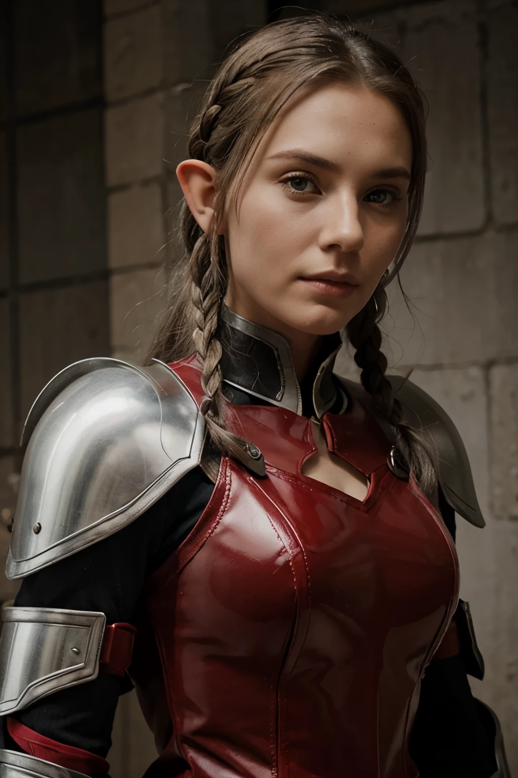 elf in red leather armor with straps, gray hair, straight, braided. Elongated face, Serious