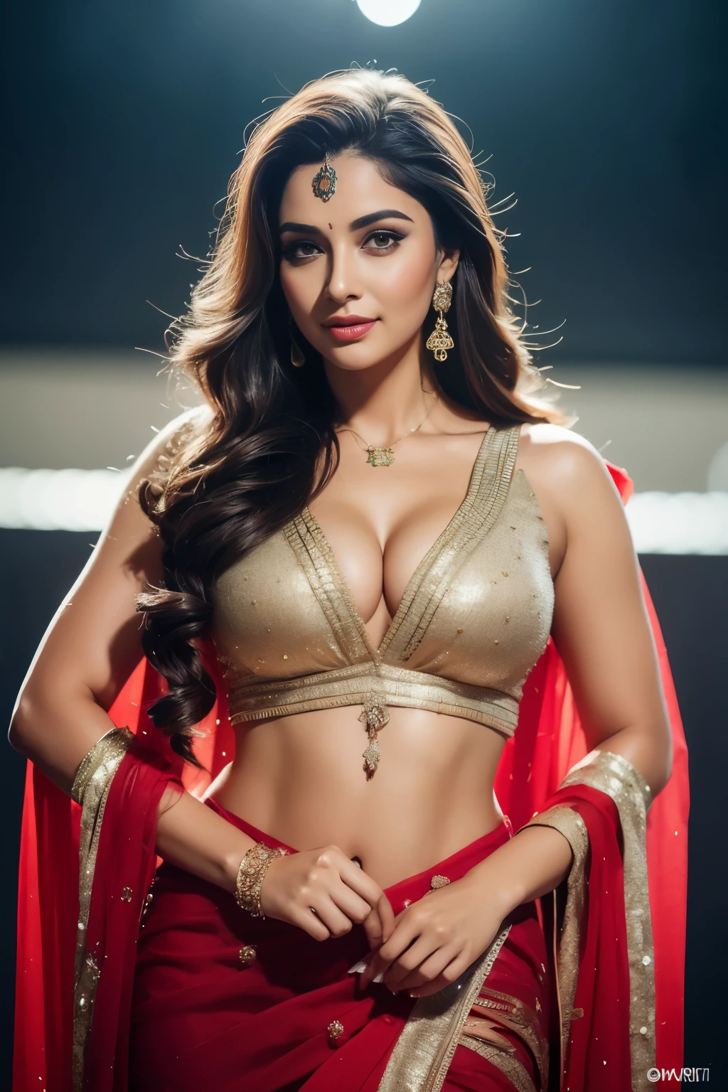 portrait of A confident-looking indian woman princess with long flowing hair, hazel eyes, with yellow saree, a smile on the face, royal and lusty look, red bindi, standing in cricket stadium, c-cup breast, perfect composition, hyperrealistic, super detailed, 8k, high quality, trending art, trending on artstation, sharp focus, sexy photo, intricate details, highly detailed, art by Greg Rutkowski