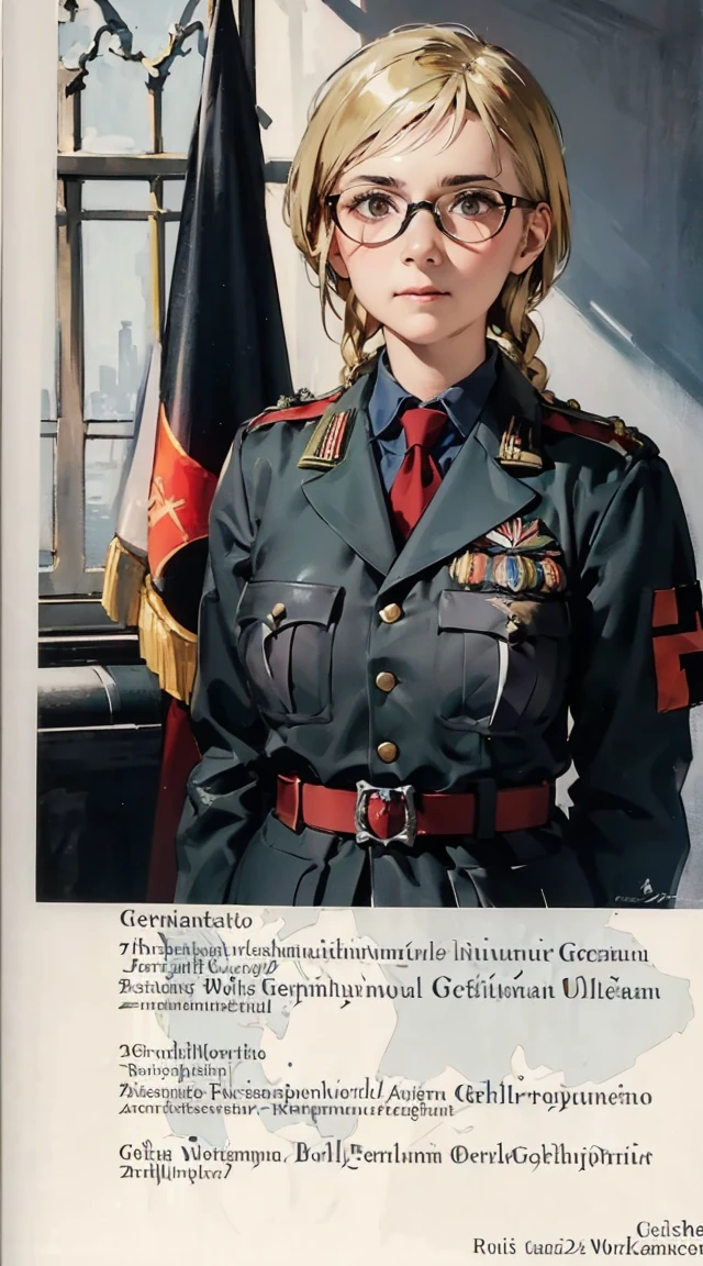 roupa modesta, tiro remoto, Detalhe bonito rosto delicado, Olhos delicados bonitos detalhados, perfect facial proportions, High definition skin, pele fina, best four inch aspect ratio. Com um polegar, uma obra-prima, altamente detalhado, Realistic, (German World War II general uniform reference : 1.8), the highest facial resolution, , mulher modestamente vestida, vestido inteiramente, ( pequeno, cabelos pretos, black franja reta, super thin braids, franja reta, Red glasses, olho verde escuro, science fiction, Fighter aircraft, standing On the landing of a Fighter aircraft, the agency, uma personalidade profundamente inteligente, A calm expression, um rosto respeitoso, uma guerra, a Fighter aircraft