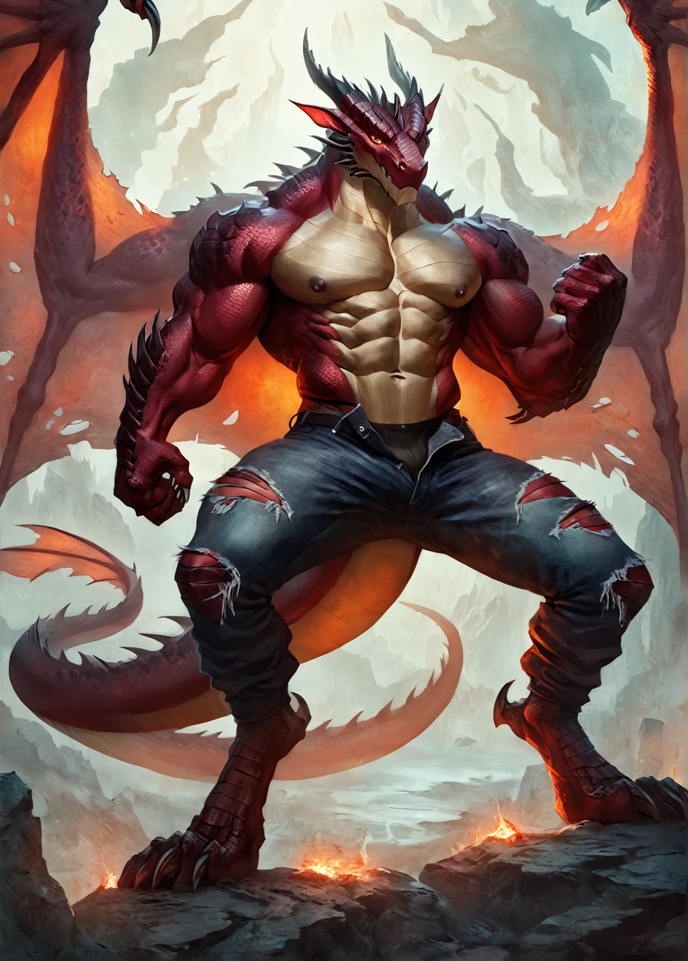 Dragon, comic book style, illustration, solo, abs, ferocious, male, [[badass pose]], nipples, masterpiece, best art, full body, torn jeans, detailed eyes, detailed body, claws, detailed tail, masculine body shape, fantasy, tall, topless, muscular, darkness, unbuttoned pants, bulge, underwear