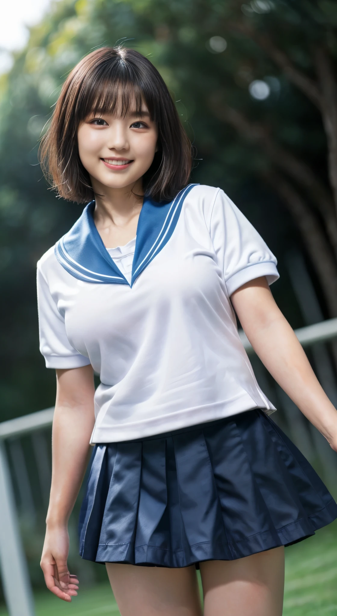 （8k、Raw photography、highest quality、masterpiece：1.2),(Black Hair:1.5),(Very Short Hair:1.8),(1 high school girl:1.6)、(school uniform、Polo shirt、skirt: 1.6)、(Clothing that emphasizes the shape of your ?????:1.4)、(???????????:1.9)、(Light blue sailor suit:1.5)、Ultra-high resolution,(grassland:1.3)、(Japanese women: 1.2),（Realistic：1.37）、Photon Mapping,reality、(very cute: 1.9)、(Cute Smile: 1.8)、(Round face: 2.0)、(Baby Face: 1.4)、Radio City、Physically Based Rendering、Depth of field rally background、photograph, (丈が短すぎるskirtを履いている: 2.0)、(チェック柄のプリーツskirt:1.6)、(White panties are visible:1.4),(Angle from below、Beautiful thighs: 1.5)、whole body、Great quality