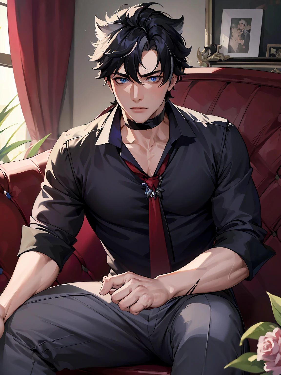 absurdres, highres, ultra detailed, HDR, master piece, best quality, perfect face, Wriothesley, black hair, expressive blue eyes, Genshin Impact, solo, sexy man, handsome, toned chest, horny, sensual, erotic, black shirt, red necktie, gray pants, sitting on a couch, flowers, petals, room