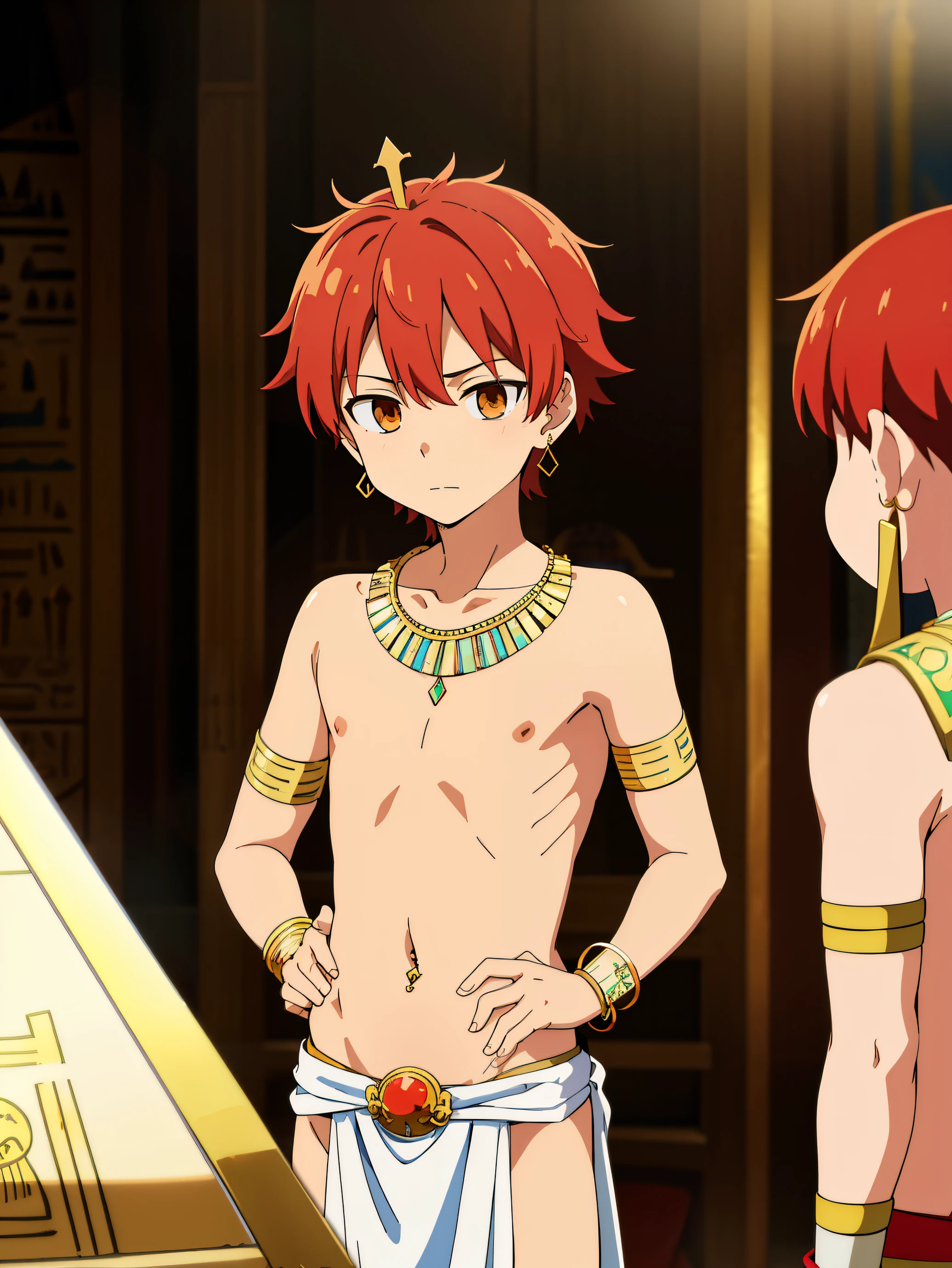 Highres, Masterpiece, Best quality at best,Best Quality,hight quality, hight detailed, 1boy, Boy,Fluffy hair, Side bangs, Shota, Solo person, Thin young boy without a shirt, Red hair, Egyptian pyramid, Ancient egyptian loincloth, Egyptian crown, earrings, bracelets, necklaces, navel piercing, (very young boy),  boys, Blurry and simple beckground, bokeh, Uhd