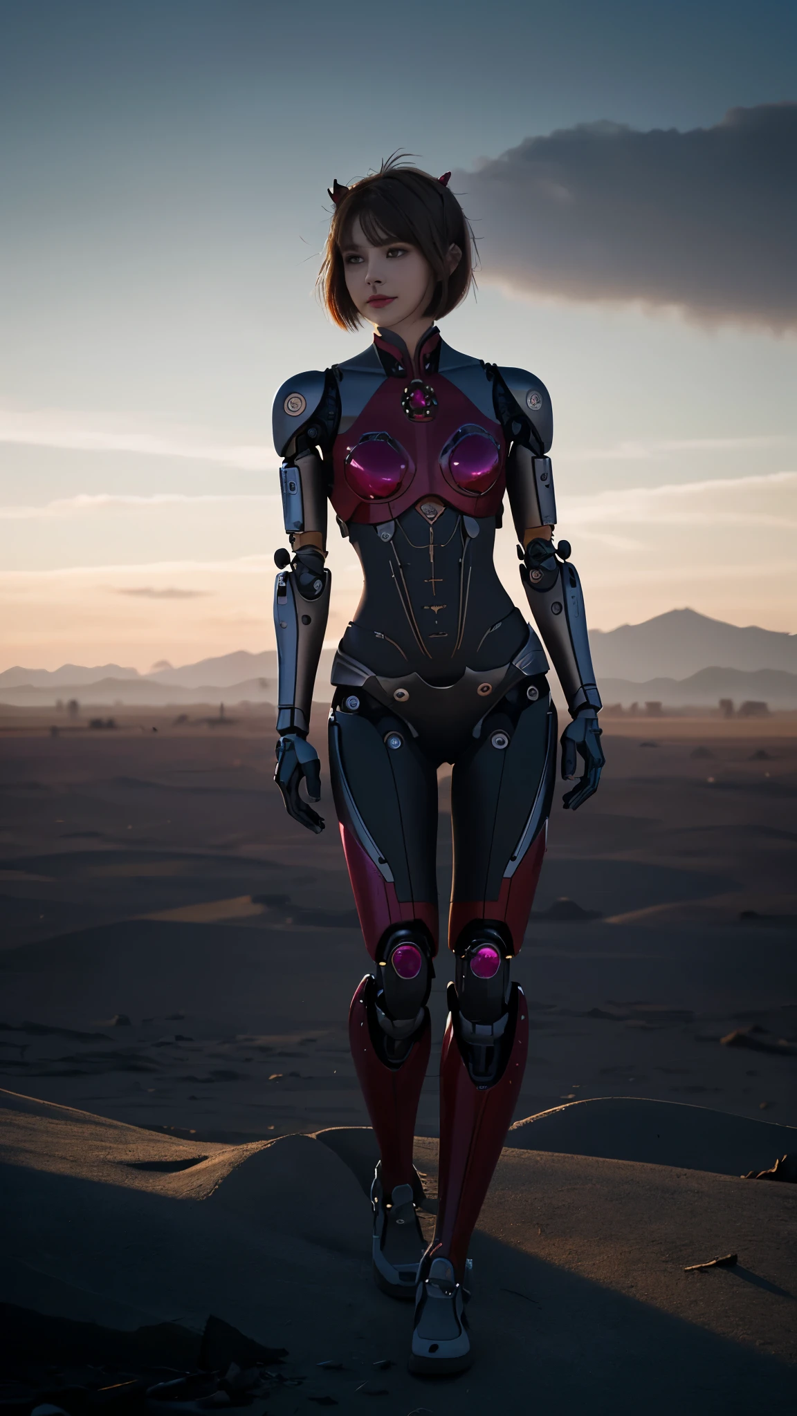 A realistic cinematic shallow focus scene of a cute young biomechanical naked sexy cyborg kitten female, her full body standing with a fluid movement in a simple barren place with stunning cloudscape and a sunset.

(wearing futuristic clothing (tangerine:0.3) cropped jacket and low cut jeans on top:1) of her (intricately detailed anatomical sculpted biomechanical graphite cyborg arms, intricately detailed anatomical sculpted biomechanical graphite cyborg torso, intricately detailed anatomical sculpted biomechanical graphite cyborg legs), (intricately detailed anatomical sculpted biomechanical graphite cyborg kitten ears).

(Anatomically sculpted biomechanical graphite cyborg、Embroidered with elegant and ornate details (ruby gems:1.5), cables, wires and crimson microchips masterful crafted into her female cyborg body)

Slender hot fit body with a gorgeous young round face, expressive big round eyes, lovely full lips, cute small round nose, ([Dark:Red:0.55] short medium bob cut messy hair:1.7), (Kitten ears), (empty hands).

Captured with bright natural light and beautiful vibrant colors. 8k resolution image with a masterful cyberpunk style.

The scene has a strong heroic unconquerable mood, a masterful complete scene of the female full body standing with a happy expression.big tits,yoga pose,white hair