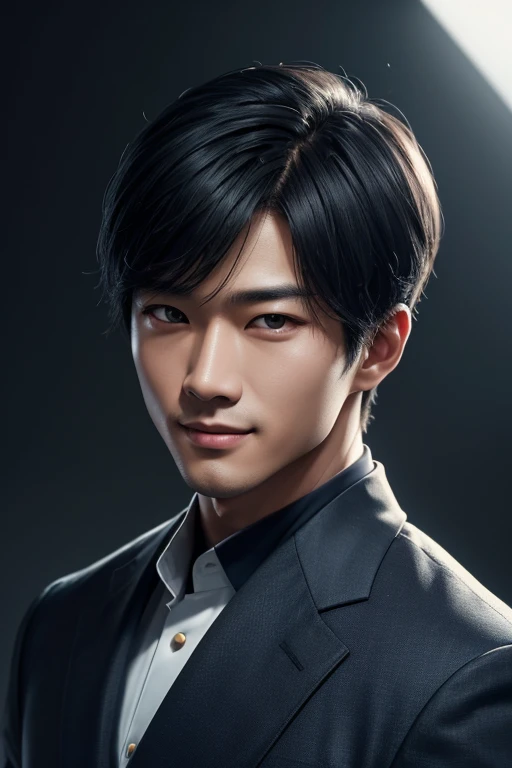 a handsome Korean man black eyes haircut Low fade wearing a navy blue 3-layer suit, smiling studio lighting, ultra-thin painting, sharp focus, physically based rendering, extreme detail representation, professional, vivid colors, realistic bokeh: 1, 37, best quality, 4k, 8k, high resolution, masterpiece: 1.2, ultra-detailed, HDR, UHD, studio lighting, ultra-thin painting, sharp focus, physically based