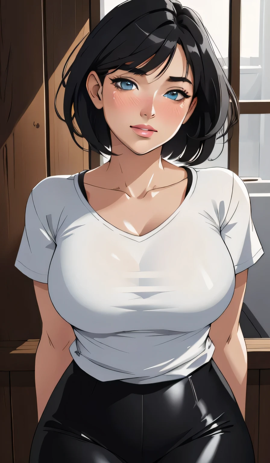 (best quality,4k,8k,highres,masterpiece:1.2),ultra-detailed,(realistic,photorealistic,photo-realistic:1.37),portraits,sexy,cute,woman,short black hair,bob style,beautiful face,plump face,seductive blue eyes,medium nose,deep pink blush,glossy red lips,smiling,long neck,visible collarbone,white t shirt,black graphics,shiny black pants,wooden wall,natural lighting,intimate moment