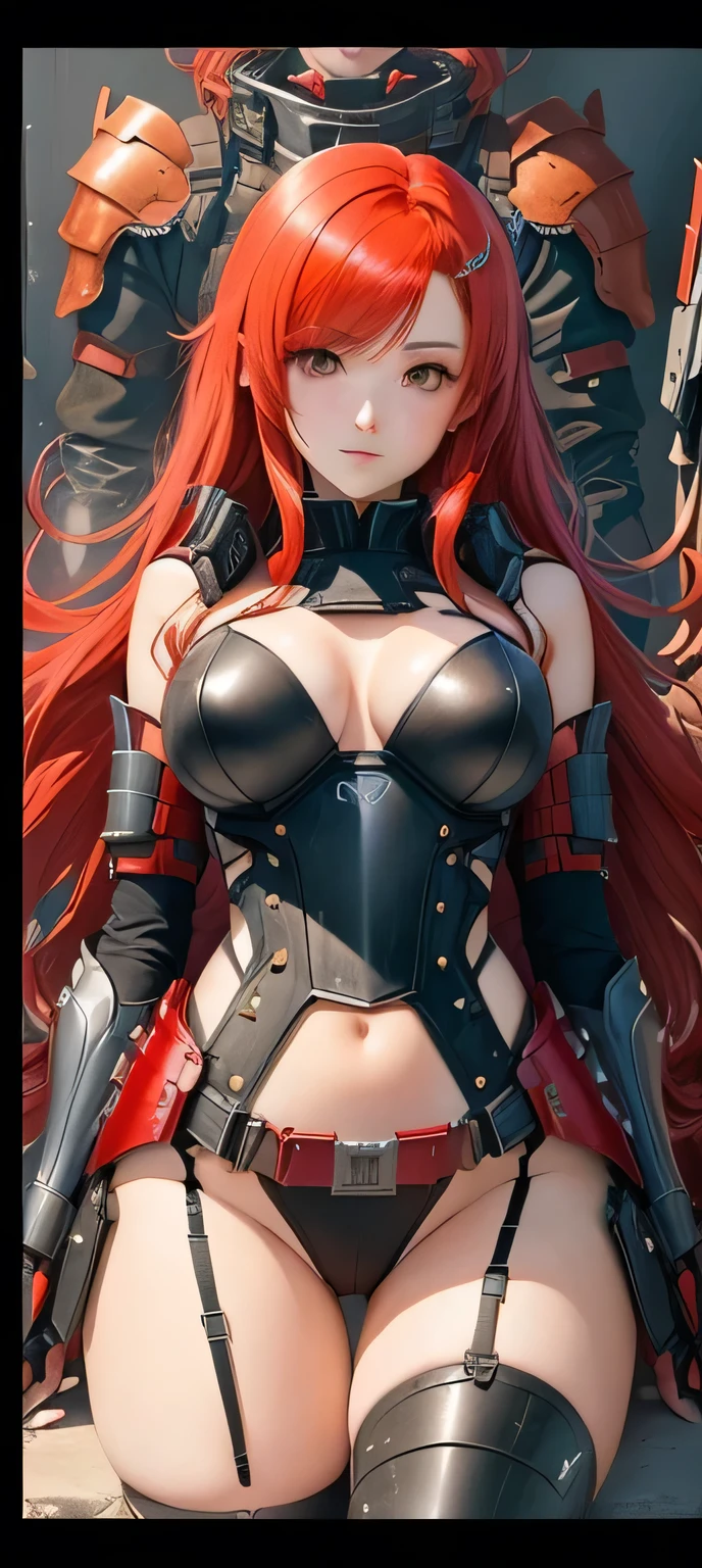 anime girl with red hair,and a sexy body armor