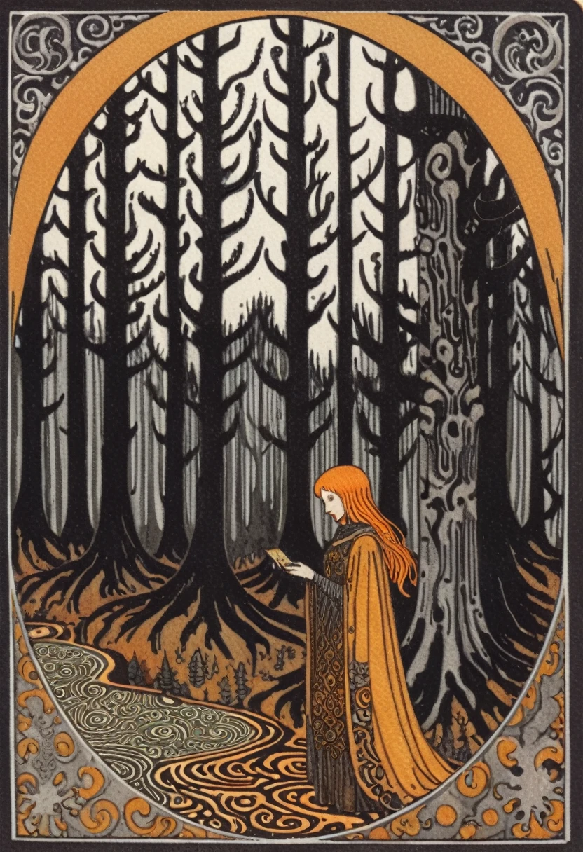 Dark Forest, dark amber and gray, ephemeral patterns, witchcore, cloisonnism, eleanor vere boyle, Ivan Bilibin Style page, lks73zb1, Inkdrawing, by Kr355e