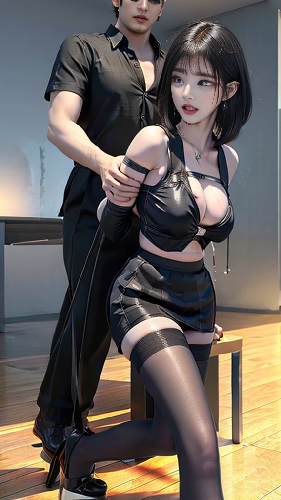 (((nfsw : 1.5))), (((pornography))), (realistic), (intricate details:1.2), (masterpiece、:1.3), (top quality:1.4), (Ultra A high resolution:1.2), Ultra A high resolution, 8K resolution, very detailed expression, ((night:1.9)),dark, (high quality), complete anatomy, natural anatomy, Detailed features, detailed facial expression, full body photo, 1 woman being raped by a man, 27 years old, ((korean:1.6)), (beautiful : 1.4), (shoulder length bob cut hair), earring, light makeup, confused expression, office uniform, identity card necklace, long legs, (wearing shiny realistic pantyhose), (high heel : 1.4), business clothes, business attire, slim suit blouse, Formal skirt, be bound up, be tied wrist behind back, be tie up on office chair, The dress top was taken off to the shoulders and the breasts were exposed., glowing skin, (((orgasm : 1.4))), (((moaning : 1.2))), (with a bad man),(She being caught and sexually harassed by a man in company: 1.5), be forcibly raped by a man, She can not resist, His dick inserted into her deep throat, lift her skirt, legs spread apart, Thighs and calves tied with tape, A masturbation device is inserted into her pussy in torn pantyhose, Lightless, night, Lights off, quiet office, office desk, office chair, sunless, night, (detailed background:1.2),