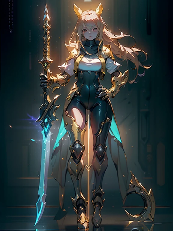 Design a layout showcase Gaming character, (1girl). Golden+Purle clothes, stylish and unique, ((showcase weapon:1.4)), magic staff, (masterpiece:1.2), (best quality), 4k, ultra-detailed, (Step by step design, layout art:1.5), (luminous lighting, atmospheric lighting), Final Fantasy style, magican, ((glove full hands)), fran, viera, (((revealing clothes:1.3))), vambraces, armored legwear, (((full_body_shot:1.4))), Niji