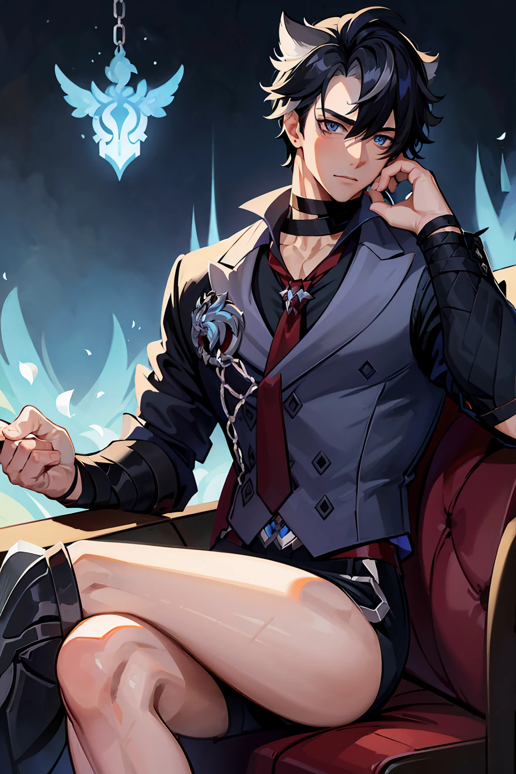 absurdres, highres, ultra detailed, HDR, master piece, best quality, perfect face, Wriothesley, black hair, expressive blue eyes, Genshin Impact, solo, sexy man, handsome, toned chest, showing the chest, horny, sensual, erotic, black shirt, red necktie, gray pants, sitting on a couch, flowers, petals, room