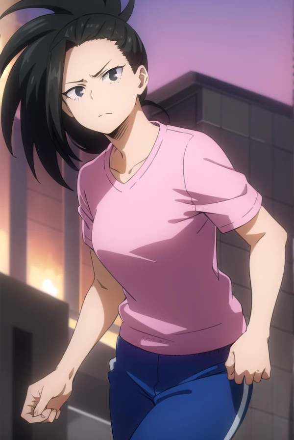 yaoyorozumomo, yaoyorozu momo, (momo yaoyorozu:1.2), long hair, bangs, black hair, ponytail, (black eyes:1.5), high ponytail, wide ponytail,
BREAK collarbone, short sleeves, pants, (pink shirt:1.2), blue pants, track suit, track pants, sweatpants,
BREAK outdoors, night sky, night, star \(sky\),
BREAK looking at viewer,
BREAK (masterpiece:1.2), best quality, high resolution, unity 8k wallpaper, (illustration:0.8), (beautiful detailed eyes:1.6), extremely detailed face, perfect lighting, extremely detailed CG, (perfect hands, perfect anatomy),