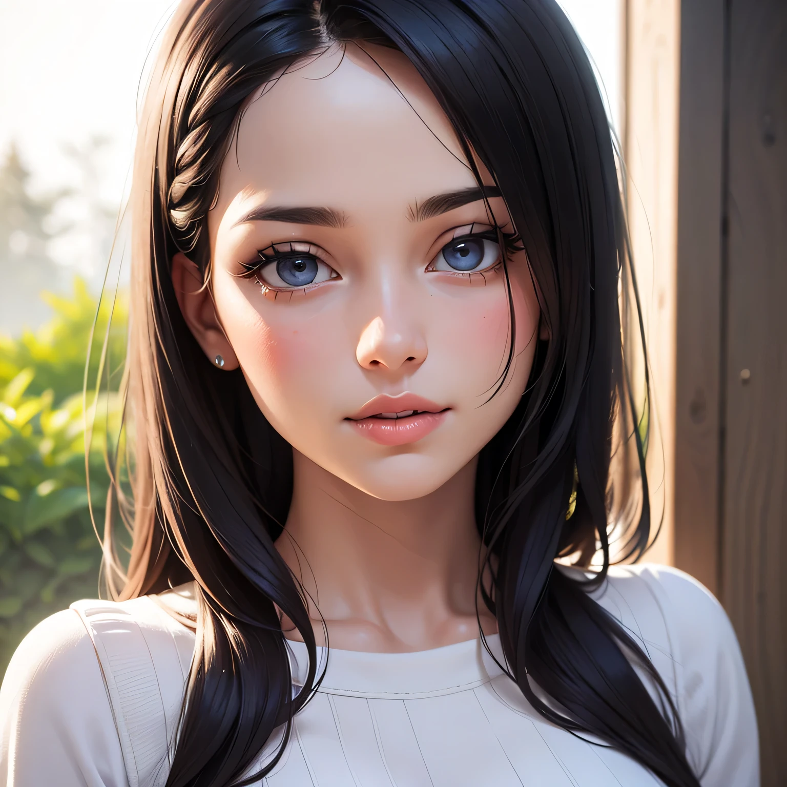 (best quality,4k,8k,highres,masterpiece:1.2),ultra-detailed,(realistic,photorealistic,photo-realistic:1.37),beautiful detailed eyes,beautiful detailed lips,extremely detailed eyes and face,long straight hair,blushing intensely,parted lips,gorgeous face,long oversized white shirt,piercing eyes,radiant smile,feminine beauty,subtle makeup,sleek hairstyle,vibrant colors,hint of shyness,graceful posture,soft and gentle expression,sublime charm,sublime sensuality,alluring gaze,dreamy atmosphere,natural lighting,graceful and delicate features,intricate details,stunning realism,perfection in every brushstroke