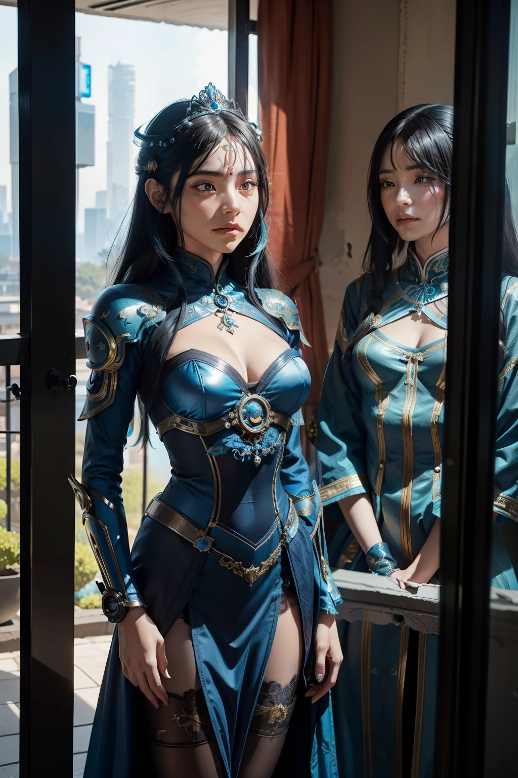 two women, twins, in costumes are standing in a room, as lady mechanika, static Prometheus frame, blue body paint, cyberpunk ornaments, Aztec Empress, cinematic details, guards, balcony scene, solarpunk, by Leon Wyczółkowski, sisters, Japanese cgi, Kazakh empress, character close-up