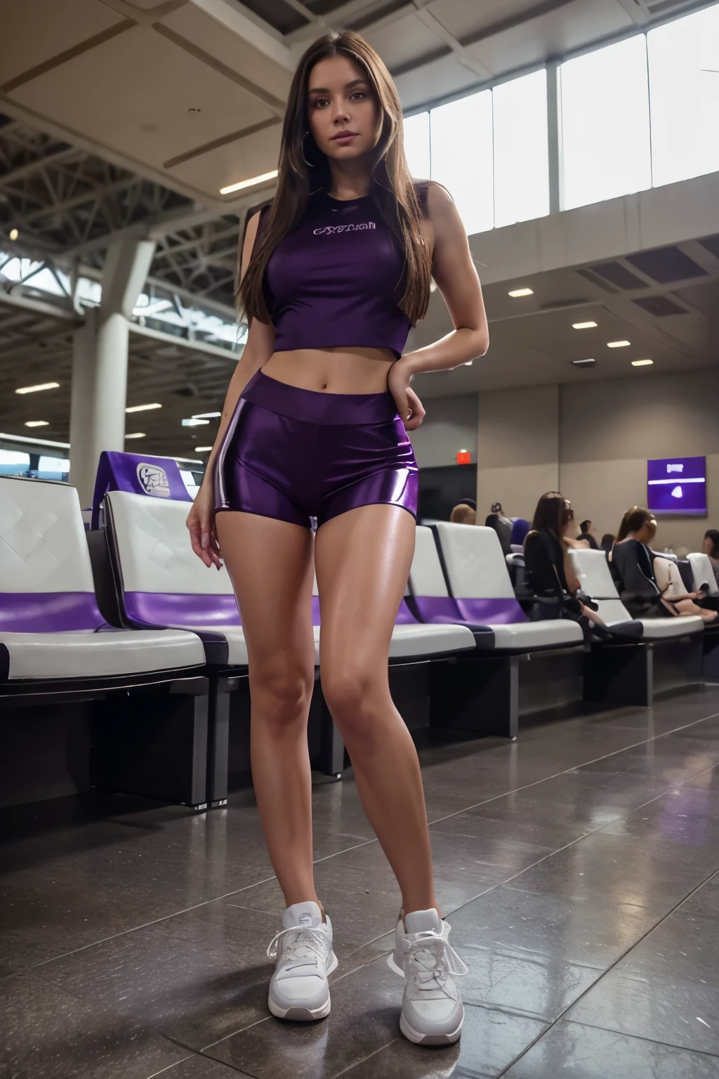 30 years old woman, fotorealistic proportions, full body view with head, legs and feet, dark eyes, very long brown hair, wearing very short and tight violet and shiny bicycle shorts and a violet crop-top, white sneakers on her feet, standing in the airport waiting area, cheerfully looking into the camera