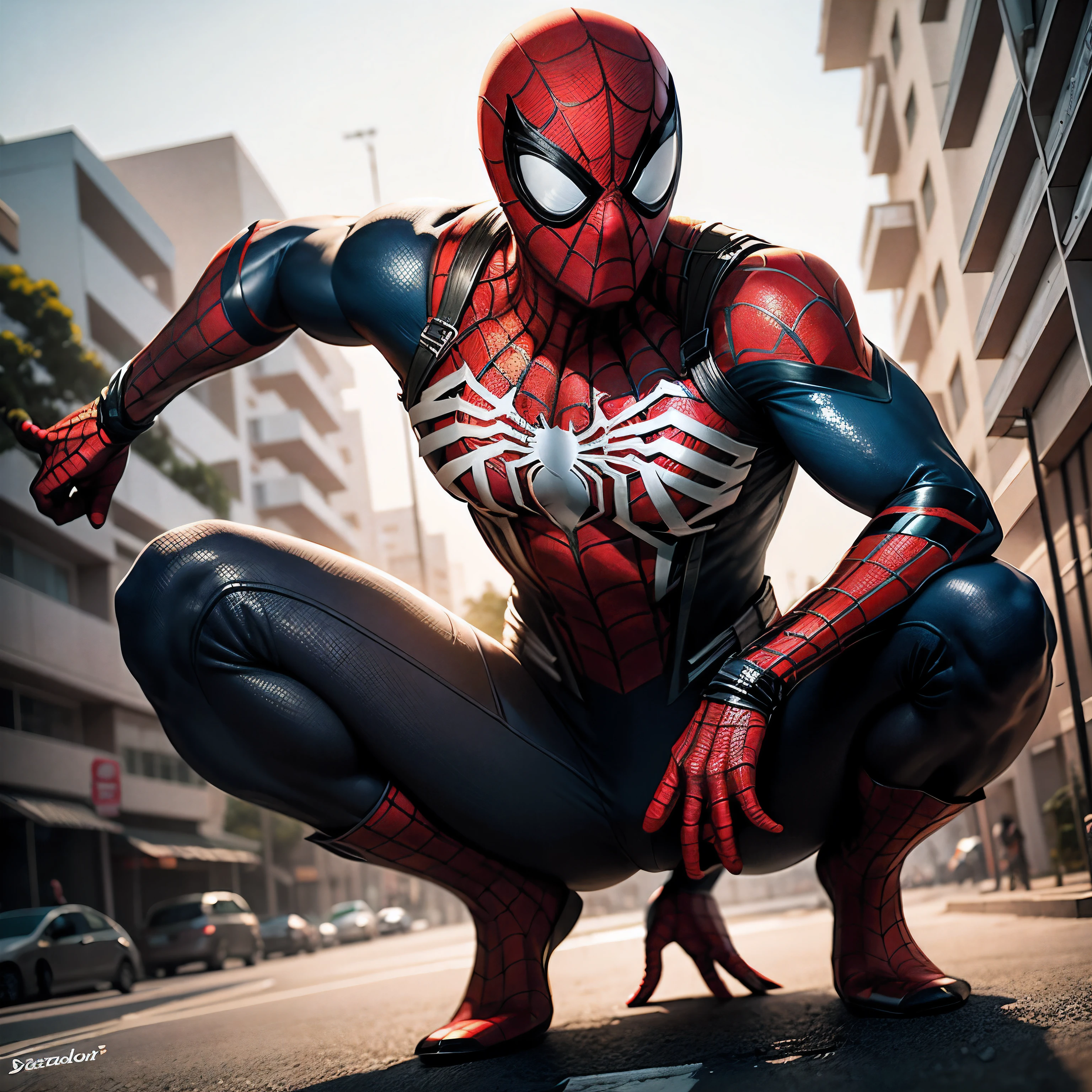 Male Spider-Man in mask, na estrada deserta, sem pessoas no fundo. It&#39;s late afternoon, por do sol, imagem hiperrealista, spider man accessories, corpo, head, hands, e detalhes bem definidos, in the background a starry sky with white clouds in 3D, tudo em 8k, High quality image resolution, Hyperrealism in fiction illustration, pintura fosca digital, ambiente minimalista