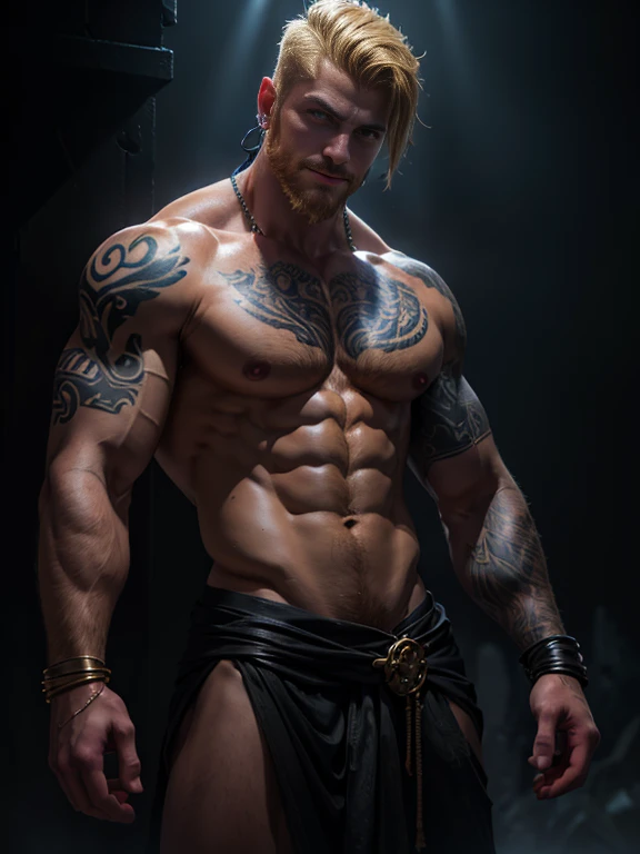 A buff, ripped godly entity with bare chest, blond short hair, beard, purple eyes, cloth wrapped around wrist, tattoos on chest, lip piercings, masterpiece, highly detailed, cinematic lighting, volumetric fog, dramatic pose, chiaroscuro lighting, moody atmosphere, vibrant colors, digital painting, concept art style