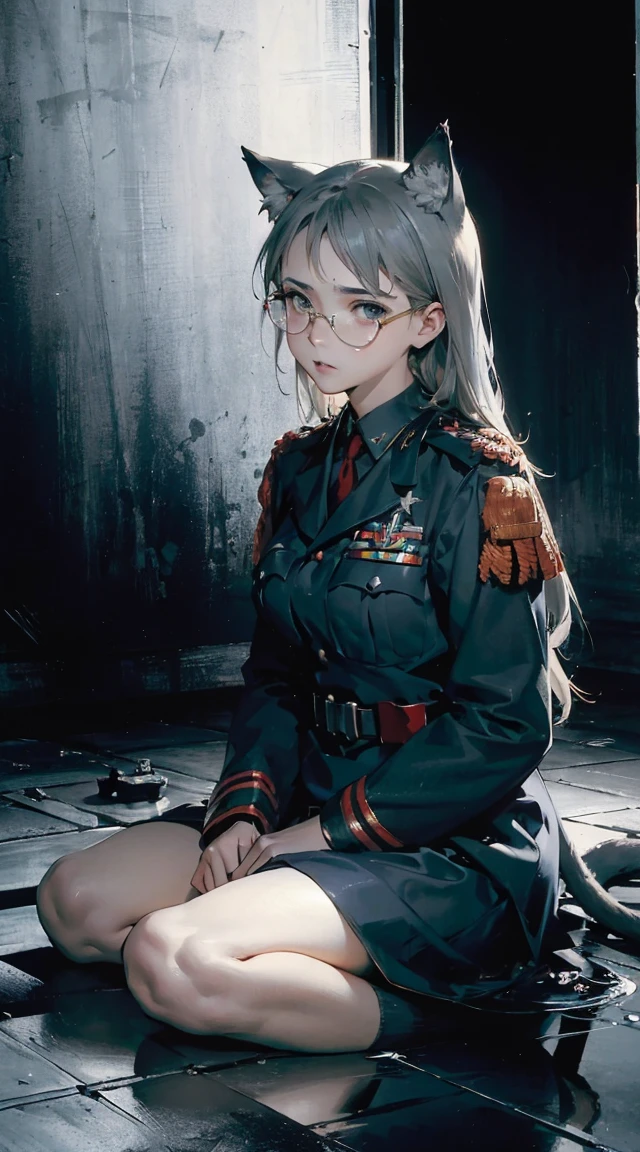 Photorealsitic、realistic skin textures、automatic rifle (mechanical armor with reference to a dung beetle), power pipes, hydraulic cylinders, ultimate intricate detail, Japanese female soldier in mechanical armor, very beautiful face, realistic, full body shot, sortie from secret base (8k, RAW photo, best quality, masterpiece:1.2), RanmaChan, RanmaRedShirt girl, cat ears, cat tail, (tears:1.1), exhausted, (parted lips:0.9), cute,
medium breasts, (sideboob:0.9),
sideless, torn frayed tattered tunic, torn frayed tattered socks,
sitting, wariza, leaning forward, ruins, crumbling world, storm, black hole, puddle,
sharp focus, looking at viewer,
(intricate:1.1), (dark blue theme:1.1), (dark blue tone:1.1), (grey tone:1.1), illustration, (anime coloring:1.1), modesta, tiro remoto, Detalhe bonito rosto delicado, Olhos delicados bonitos detalhados, perfect facial proportions, High definition skin, pele fina, best four inch aspect ratio. Com um polegar, uma obra-prima, altamente detalhado, Realistic, (German World War II general uniform reference : 1.8), the highest facial resolution, , mulher modestamente vestida, vestido inteiramente, ( pequeno, cabelos pretos, black franja reta, super thin braids, franja reta, Red glasses, olho verde escuro, science fiction, Fighter aircraft, standing On the landing of a Fighter aircraft, the agency, uma personalidade profundamente inteligente, A calm expression, um rosto respeitoso, uma guerra, a Fighter aircraft BIGHIP BIGASS FUCKOFF FUCKFUCKFUCK
