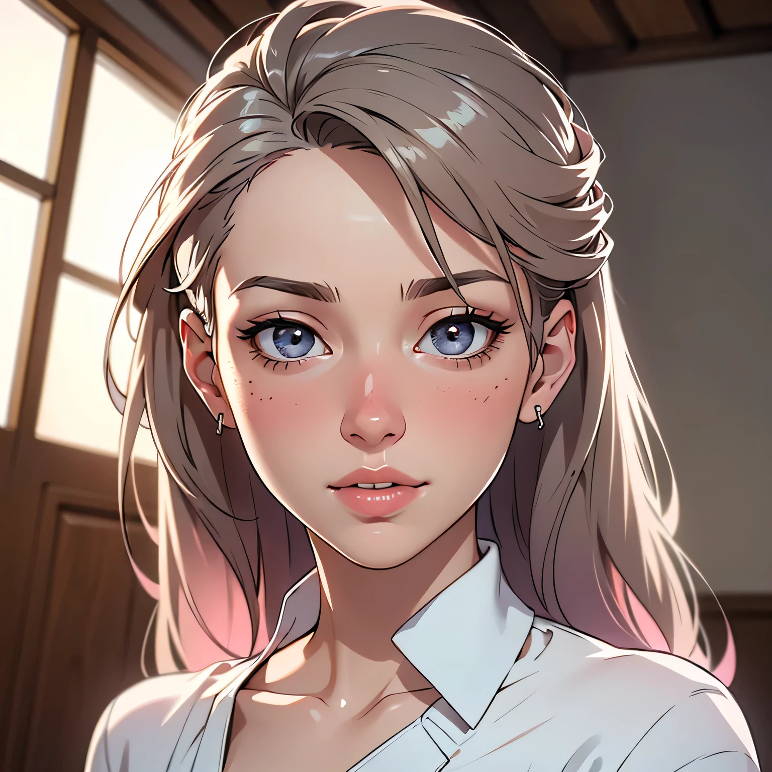 (best quality,4k,8k,highres,masterpiece:1.2),ultra-detailed,(realistic,photorealistic,photo-realistic:1.37),beautiful detailed eyes,beautiful detailed lips,extremely detailed eyes and face,long straight hair,blushing intensely,parted lips,gorgeous face,long oversized white shirt,piercing eyes,radiant smile,feminine beauty,subtle makeup,sleek hairstyle,vibrant colors,hint of shyness,graceful posture,soft and gentle expression,sublime charm,sublime sensuality,alluring gaze,dreamy atmosphere,natural lighting,graceful and delicate features,intricate details,stunning realism,perfection in every brushstroke