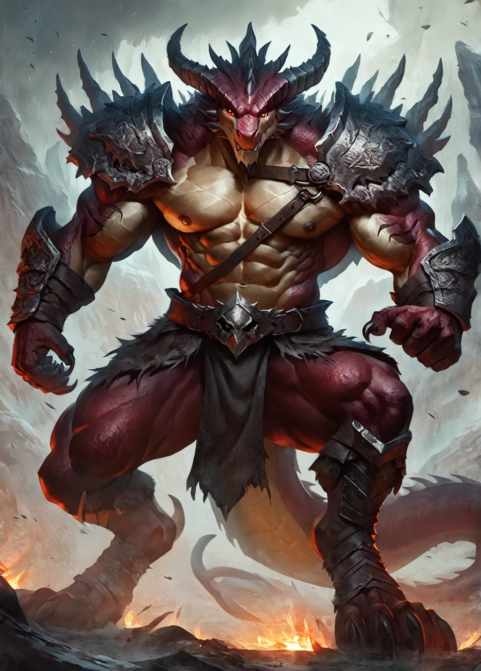 Dragon, comic book style, illustration, solo, abs, ferocious, male, [[badass pose]], nipples, masterpiece, best art, full body, barbarian outfi, detailed eyes, detailed body, claws, detailed tail, masculine body shape, fantasy, tall, muscular, darkness, 