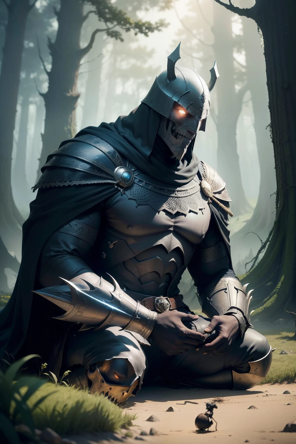 Un musclé et sombre homme vêtu d'un costume de paysan souriant, holding a grain of wheat between his fingers, sits on haunted grounds (Best quality: 4K, 8K, high resolution, masterpiece: 1.2), ultra-detailed, Realistic (1.37). His face is raw and topped with a large bony crest., évoquant un boss des jeux Dark Souls (dark soul boss style). On the coast, des champs morbides se sourient à lui, surrounded by tall, twisted trees covered in
