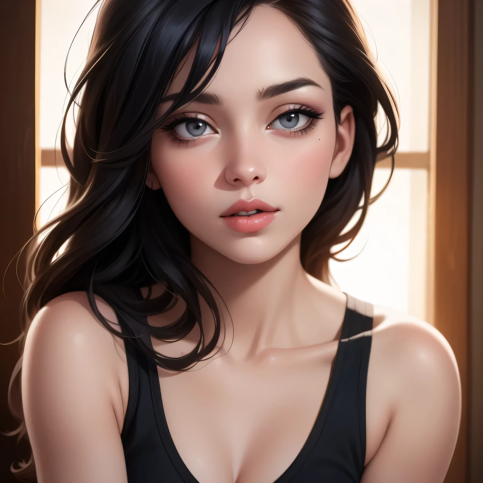 (best quality,4k,8k,highres,masterpiece:1.2),ultra-detailed,(realistic,photorealistic,photo-realistic:1.37),sultry,stunning woman,captivating gaze,flawless makeup,childhood best friend,glow up,black tank top,black short shorts,alluring figure,thick thighs,wide hips,provocative aura,portrait,beautiful detailed eyes,beautiful detailed lips,extremely detailed eyes and face,longeyelashes,medium:illustration,realistic painting,high fashion,professional,studio lighting,vivid colors,warm color tone,dimmed lighting