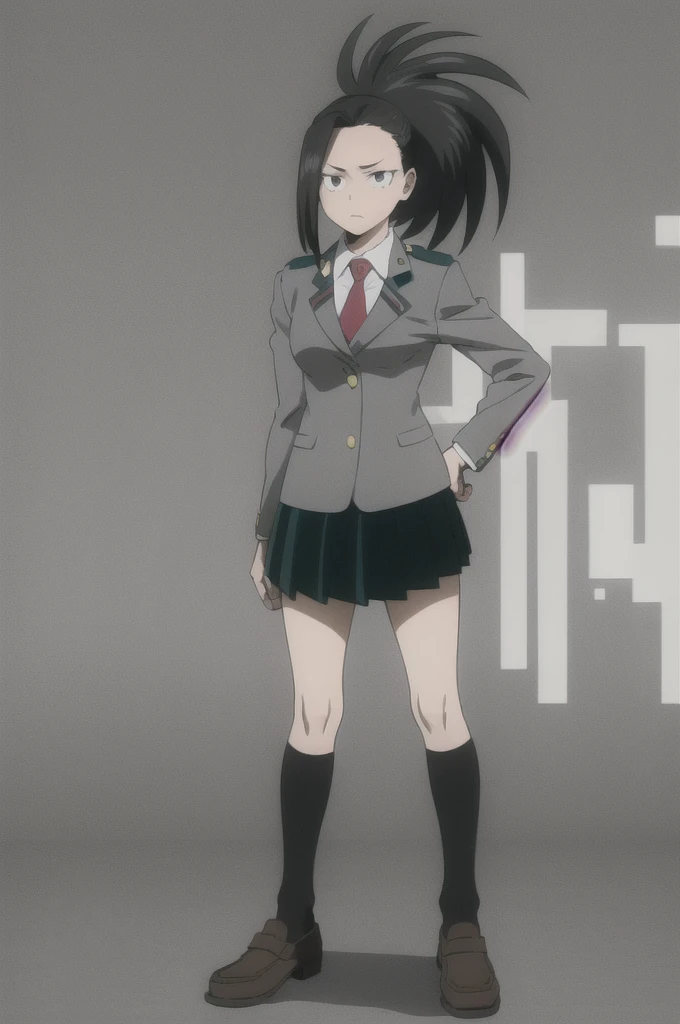 masterpiece, best quality, yaoyorozu momo, 1girl, black eyes, black hair,  ponytail, long hair, hair pulled back, full body, hands on hips, standing, short sleeves, solo, looking at viewer, u.a. , black socks, blazer, brown loafers, kneehighs, long sleeves, pleated green skirt, red necktie, , shirt, simple background 