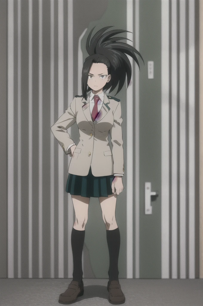 masterpiece, best quality, yaoyorozu momo, 1girl, black eyes, black hair,  ponytail, long hair, hair pulled back, full body, hands on hips, standing, short sleeves, solo, looking at viewer, u.a. , black socks, blazer, brown loafers, kneehighs, long sleeves, pleated green skirt, red necktie, , shirt, simple background 