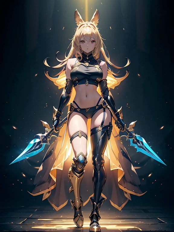 Design a layout showcase Gaming character, (1girl). Golden+Purle clothes, stylish and unique, ((showcase weapon:1.4)), magic staff, (masterpiece:1.2), (best quality), 4k, ultra-detailed, (Step by step design, layout art:1.5), (luminous lighting, atmospheric lighting), Final Fantasy style, magican, ((glove full hands)), fran, viera, (((revealing clothes:1.3))), vambraces, armored legwear, (((full_body_shot:1.4))), Niji