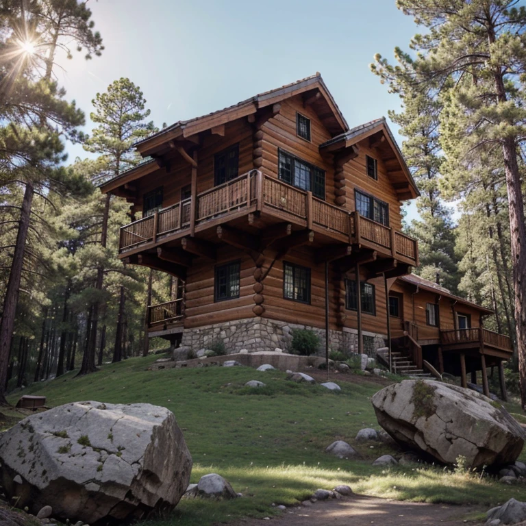 A multi-story wooden house on a giant tree on top of a rocky mountain, con mucho pasto y pinos alrededor