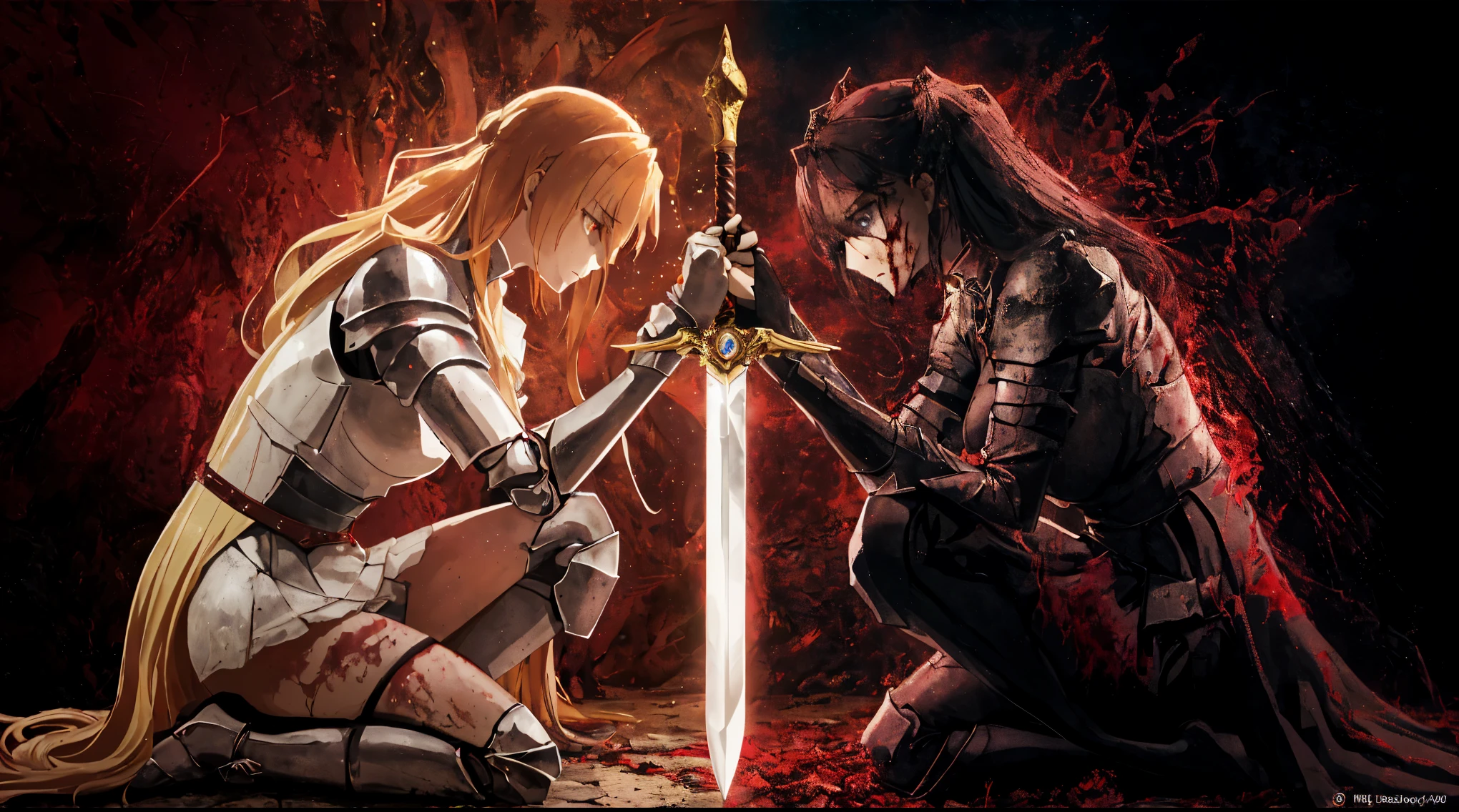 An impressive ufotable-style anime illustration depicting the intense duality of a 26-year-old woman who has transformed from a noble knight into a wicked warrior. The image captures two versions of her: the one on the left is depicted in her original, virtuous state, kneeling with a look of sorrow and determination, her golden hair tied back and her sacred sword glowing softly in her grip. She is clad in shining knight’s armor, symbolizing her purity and strength.
On the right stands her malevolent counterpart, her hair disheveled and eyes glowing with a sinister light. She wears dark, blood-stained armor, embodying her fall into darkness. The background is awash in a chaotic blend of dark reds and blacks, reflecting the clash between her two natures. The overall atmosphere conveys a powerful sense of internal conflict, tragedy, and the struggle between good and evil within her soul., anime, cinematic