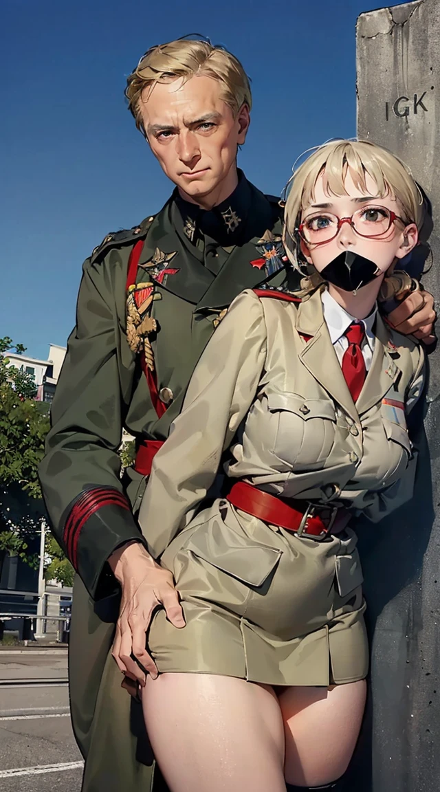,(ultra detailed perfect piece:1.2), illustration, masterpiece, (extremely detailed CG 8k), (very fine 8K CG),riofutaba, adult, tall, mature, ashe brown hair, brown eyes, expressionless, slight blush, ponytail, scrunchie, very high quality eyes, Brown sweater vest, beige vest, white shirt, ((medium breasts)), short sleeved shirt, red necktie, Blue pleated skirt, (thighs)  (((BREAK 2persons, 1boy, 1girl, (boy grabbing girl from behind), (hand over another's mouth), another's hand covering mouth. nice hands, perfect hands,  (arms behind back), (hands behind back), bound, (bound arms), boy's hand covering girl's mouth, another's hand covering mouth, (hand g4g), close-up, (hand gag)))roupa modesta, tiro remoto, Detalhe bonito rosto delicado, Olhos delicados bonitos detalhados, perfect facial proportions, High definition skin, pele fina, best four inch aspect ratio. Com um polegar, uma obra-prima, altamente detalhado, Realistic, (German World War II general uniform reference : 1.8), the highest facial resolution, , mulher modestamente vestida, vestido inteiramente, ( pequeno, cabelos pretos, black franja reta, super thin braids, franja reta, Red glasses, olho verde escuro, science fiction, Fighter aircraft, standing On the landing of a Fighter aircraft, the agency, uma personalidade profundamente inteligente, A calm expression, um rosto respeitoso, uma guerra, a Fighter aircraft　BIGHIP　BIGASS　FUCKOFF　FUCKFUCKFUCK