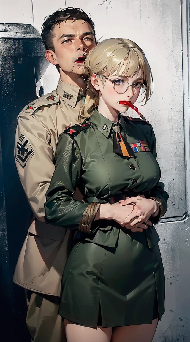 ,(ultra detailed perfect piece:1.2), illustration, masterpiece, (extremely detailed CG 8k), (very fine 8K CG),riofutaba, adult, tall, mature, ashe brown hair, brown eyes, expressionless, slight blush, ponytail, scrunchie, very high quality eyes, Brown sweater vest, beige vest, white shirt, ((medium breasts)), short sleeved shirt, red necktie, Blue pleated skirt, (thighs) (((BREAK 2persons, 1boy, 1girl,, bound, (bound arms), boy's hand covering girl's mouth, another's hand covering mouth, (hand g4g), close-up, (hand gag)))roupa modesta, tiro remoto, Detalhe bonito rosto delicado, Olhos delicados bonitos detalhados, perfect facial proportions, High definition skin, pele fina, best four inch aspect ratio. Com um polegar, uma obra-prima, altamente detalhado, Realistic, (German World War II general uniform reference : 1.8), the highest facial resolution, , mulher modestamente vestida, vestido inteiramente, ( pequeno, cabelos pretos, black franja reta, super thin braids, franja reta, Red glasses, olho verde escuro, science fiction, Fighter aircraft, standing On the landing of a Fighter aircraft, the agency, uma personalidade profundamente inteligente, A calm expression, um rosto respeitoso, uma guerra, a Fighter aircraft　BIGHIP　BIGASS　FUCKOFF　FUCKFUCKFUCK