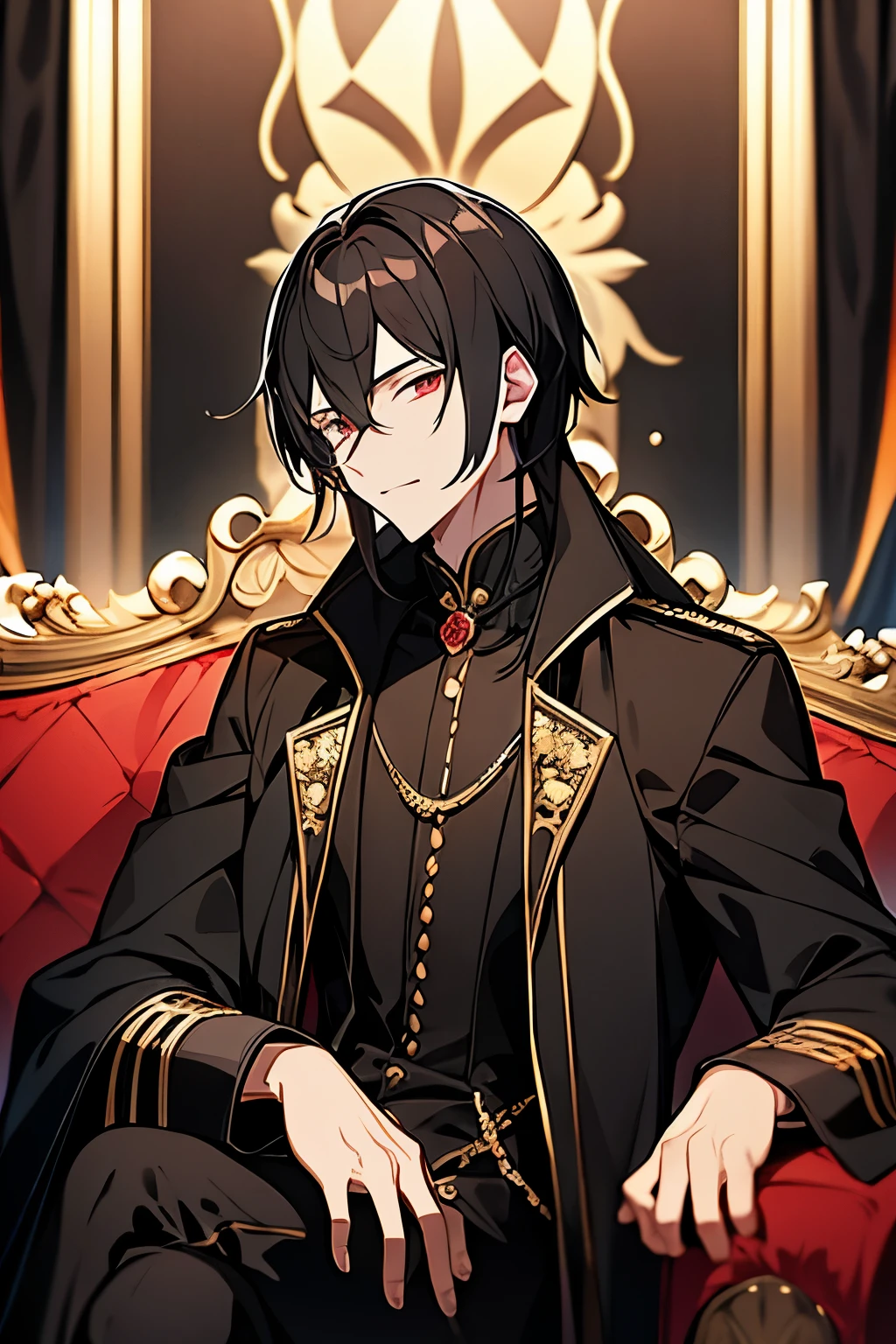 Medieval aristocracy, black long trench coat, gold embroidery in the shape of a rose on the collar, young guy, black hair, hair partially covers eyes, golden eyes, character sitting on a red sofa, luxurious surroundings