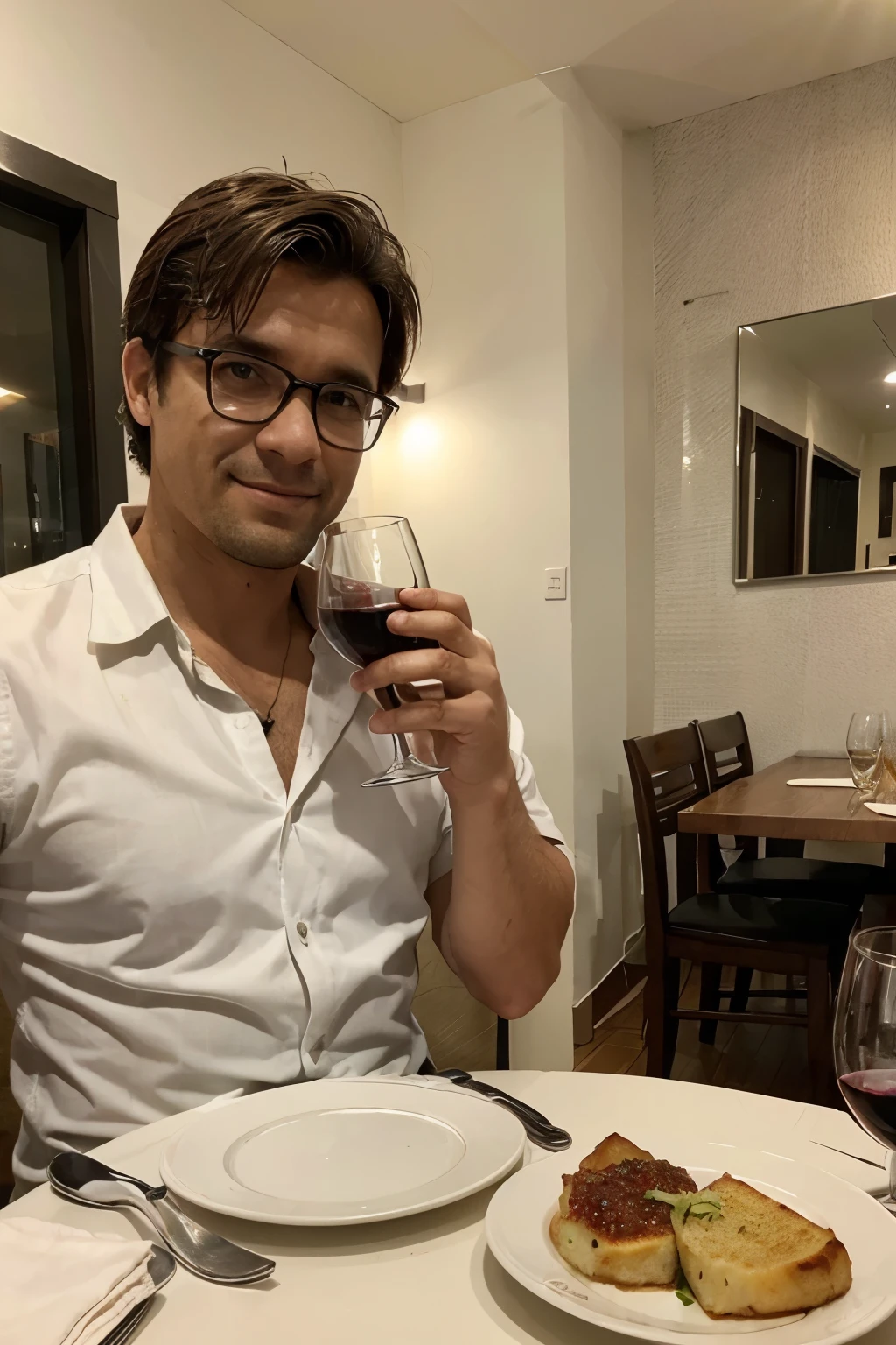 Restaurante, mesa para dois, homem branco mais ou menos forte, Two glasses of wine, one water, dois pratos de parmegiana, it's afternoon.