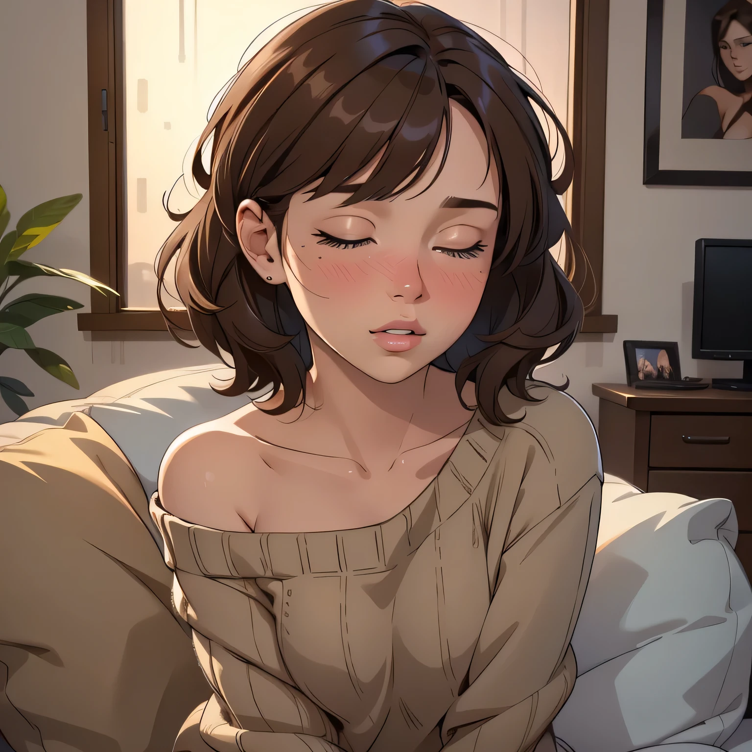 (best quality,4k,8k,highres,masterpiece:1.2),ultra-detailed,(realistic,photorealistic,photo-realistic:1.37),amazing portrait,sexy,cute woman,best friend's sister,alone at home,late night gaming session,brown hair,short bob style soft eyes,parted lips,deep blush,off shoulder,oversized grey sweater,sitting on couch,night time,raining outside,warm inside