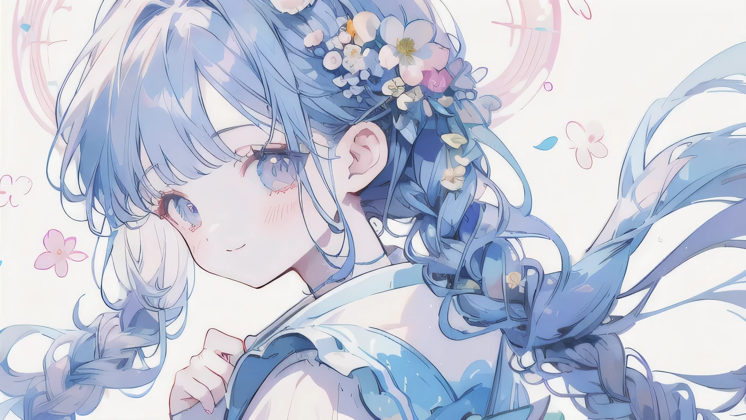 A background full of lots of flowers.、Close-up portrait of a woman looking back and smiling。There are lots of flowers in her braided hair.。A wonderful illustration full of happiness.、Floral Background、Very high quality、High-level image quality、Very delicate depiction.。Rare labor pains