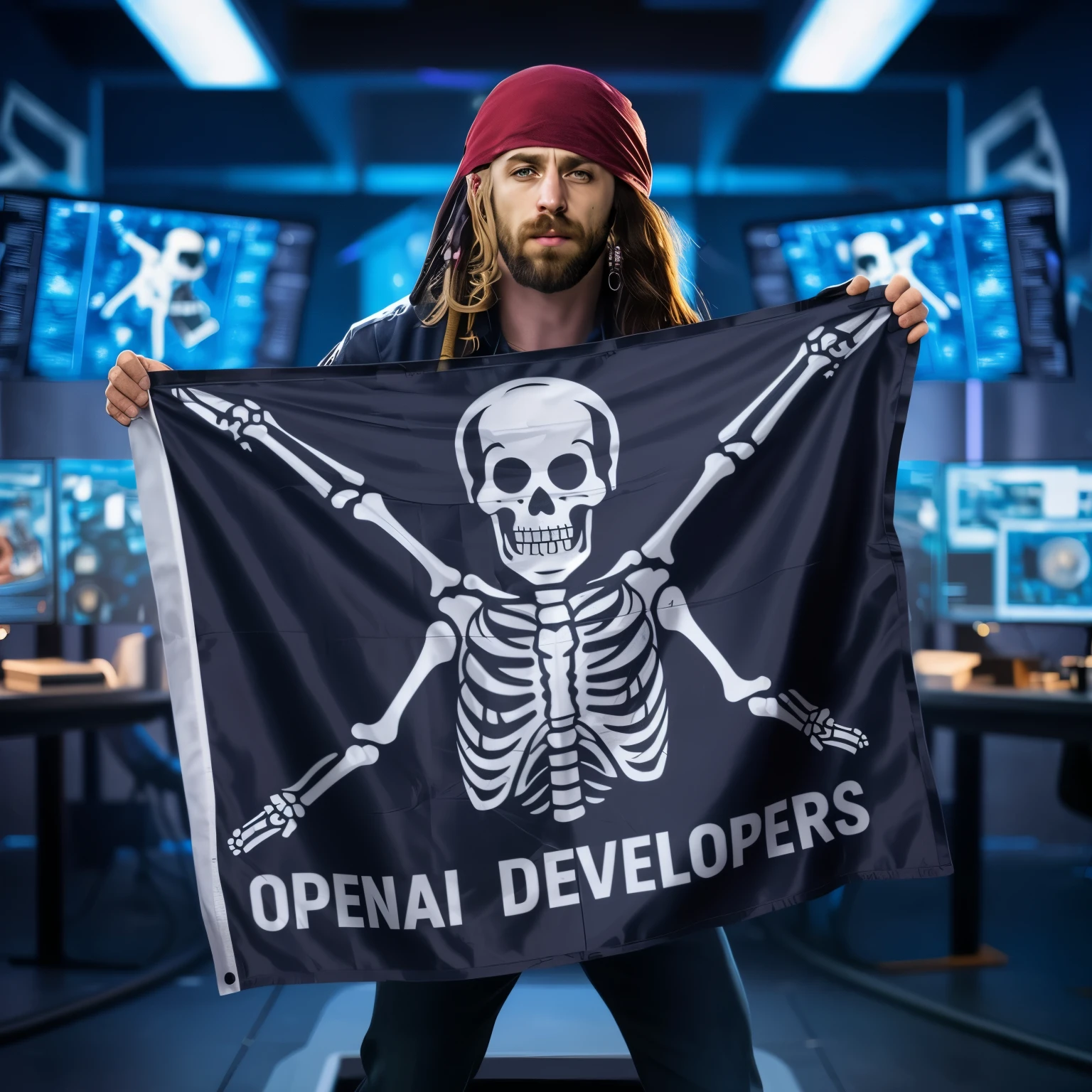 arafed man holding a flag with a skull and crossbones on it, pirate flag in his arms, developers, unreal engineer 5, pirates flag, octa 8k, promotional still, game dev art, exclusive, promo art, official product photo