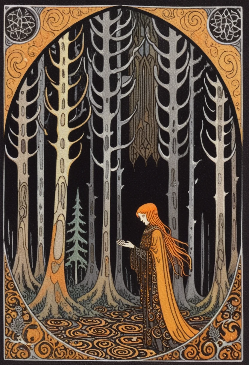 Dark Forest, dark amber and gray, ephemeral patterns, witchcore, cloisonnism, eleanor vere boyle, Ivan Bilibin Style page, lks73zb1, Inkdrawing, by Kr355e