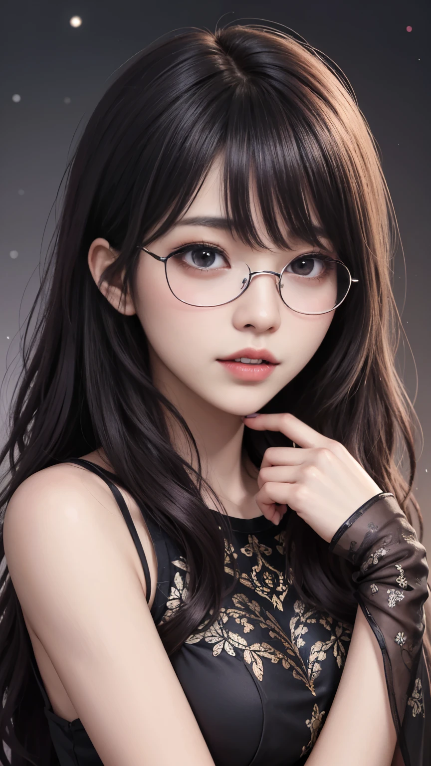 background（Black Night Sky，Big Moon），Woman close up，Wearing a white shirt、Purple Hair，Very long hair，very thick braids，Purple eyes，big ，((Glasses))、realistic girl rendering, 8k artistic german bokeh, Enchanting girl, Realistic girl, Gurwitz, Gurwitz-style artwork, Girl Roleplay, Realistic 3D style, cgstation Popular Topics,, 8K Portrait Rendering,（Faithfulness，Faithfulness：1.4），Wear pink pajamas，巨big ，Sparkling eyes，Purple eyes、Captivating beauty、Attractive adult woman、Beautiful woman、Cool girl、evil female、Brainwashed、brainwashing、Fallen into evil、Grin、Evil expression、Evil smile、evil、Brown Hair、Wavy Hair、Swept-apart bangs、Heavy makeup、Heavy makeup、Sharp Eye、Hollow Eyes,Half-closed eyes、Hollow Eyes、Purple Eyeshadow、Black lipstick、Black lip gloss、Long black cheongsam、Wide sleeves、night、Spooky Fortresakeup brush、compensate、Are standing、